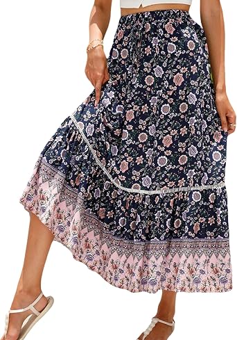 ZUEVI Womens Long Skirts Bohemian Elastic High Waist A Line Maxi Skirt for Women Summer Flowy Swing Pleated Midi Skirts Navy Blue-XL