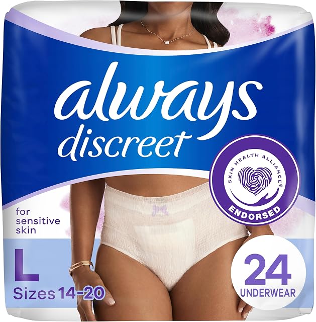 Always Discreet Sensitive, Adult Diapers for Women, Maximum Incontinence Underwear, Size Large, 24 Count