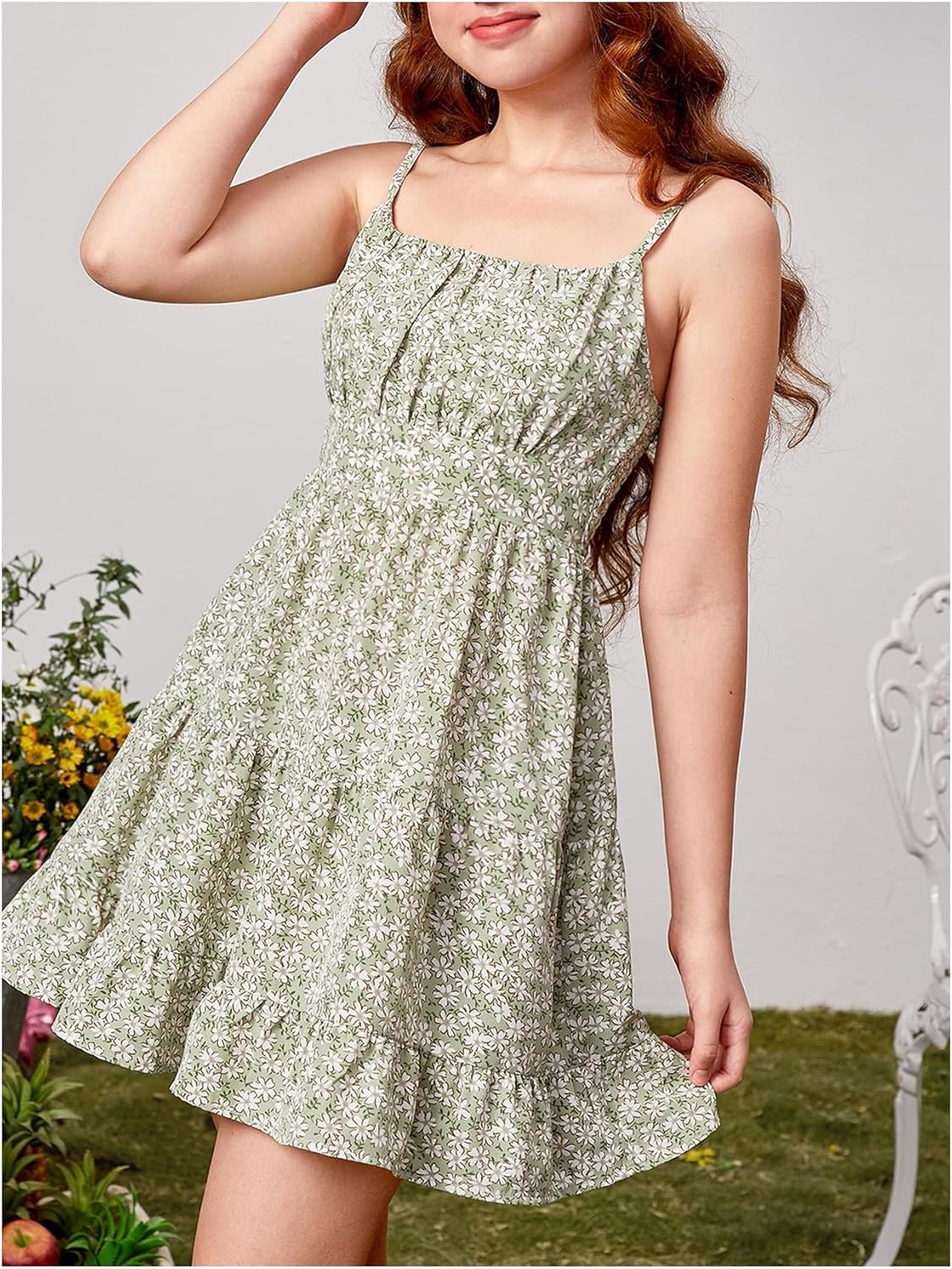 Girl's Summer Dress Floral Ruffle Hem Spaghetti Strap Ruched Bust Cami Short Dress Sundress - Image 4