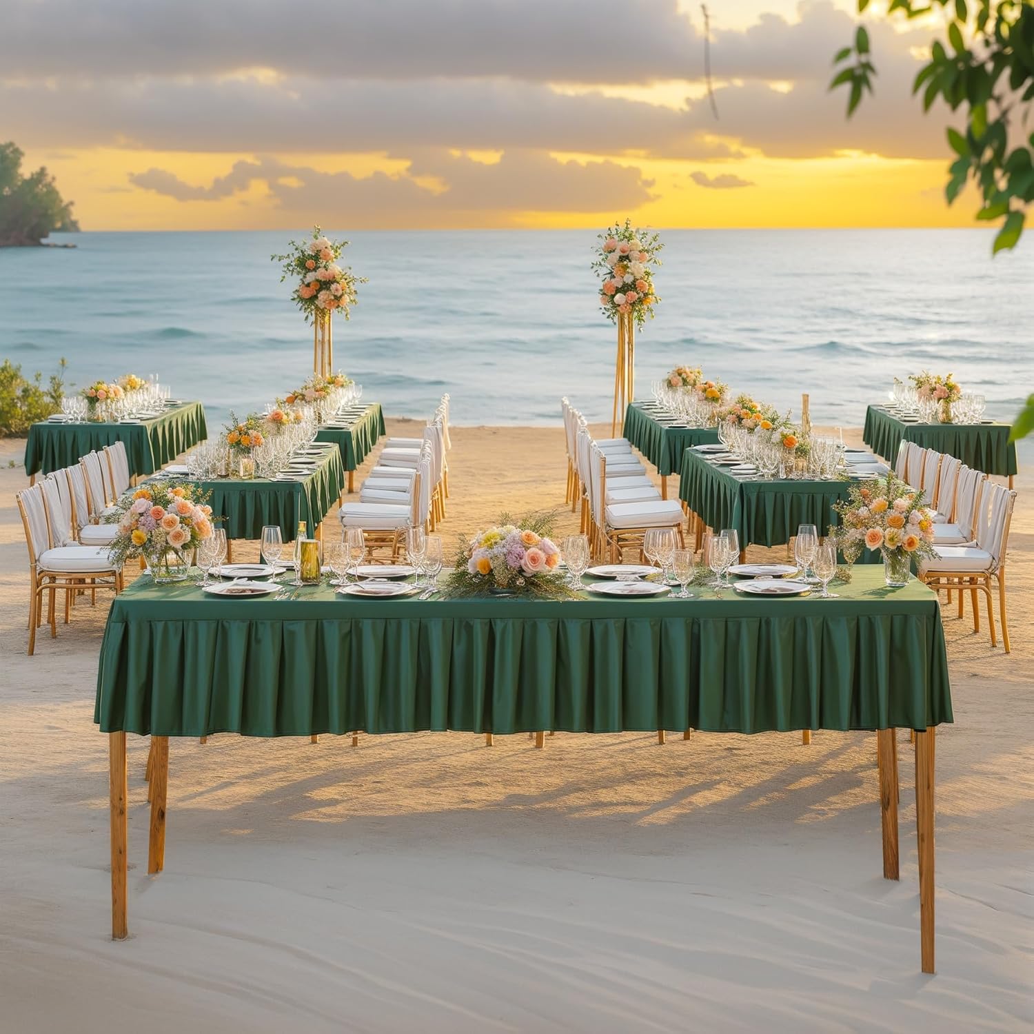 Wish Care 2 Pack Hunter Green Spandex Table Clothes for 6FT Rectangle Tables Wrinkle Free Stretch Fitted Tablecloths Ruffle Elastic Table Cover Skirt for Dining Outdoor Home Banquet Party Tablecloth
