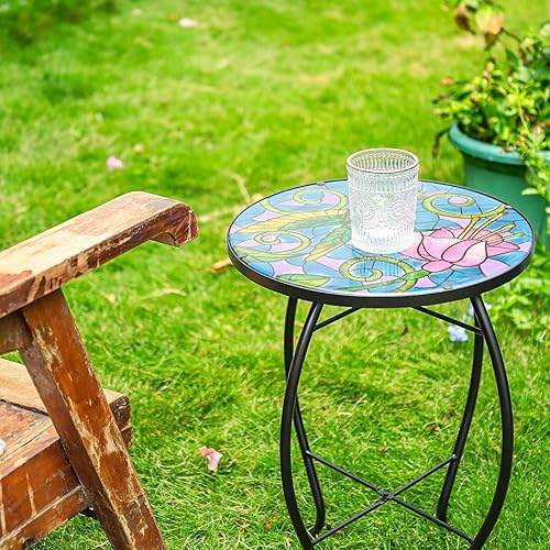 Miniatura 4 de VCUTEKA Mesa auxiliar de mosaico para patio, mesa de centro al aire libre, mesa de centro bistró, mesa auxiliar para plantas, mesa de porche