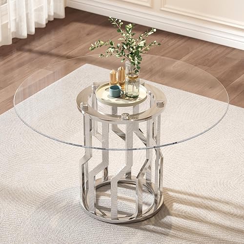 Miniatura 11 de Mesa de comedor redonda de vidrio de 39 pulgadas para 4: mesa de cocina circular de vidrio con patas de acero, mesa de comedor moderna para comedor,