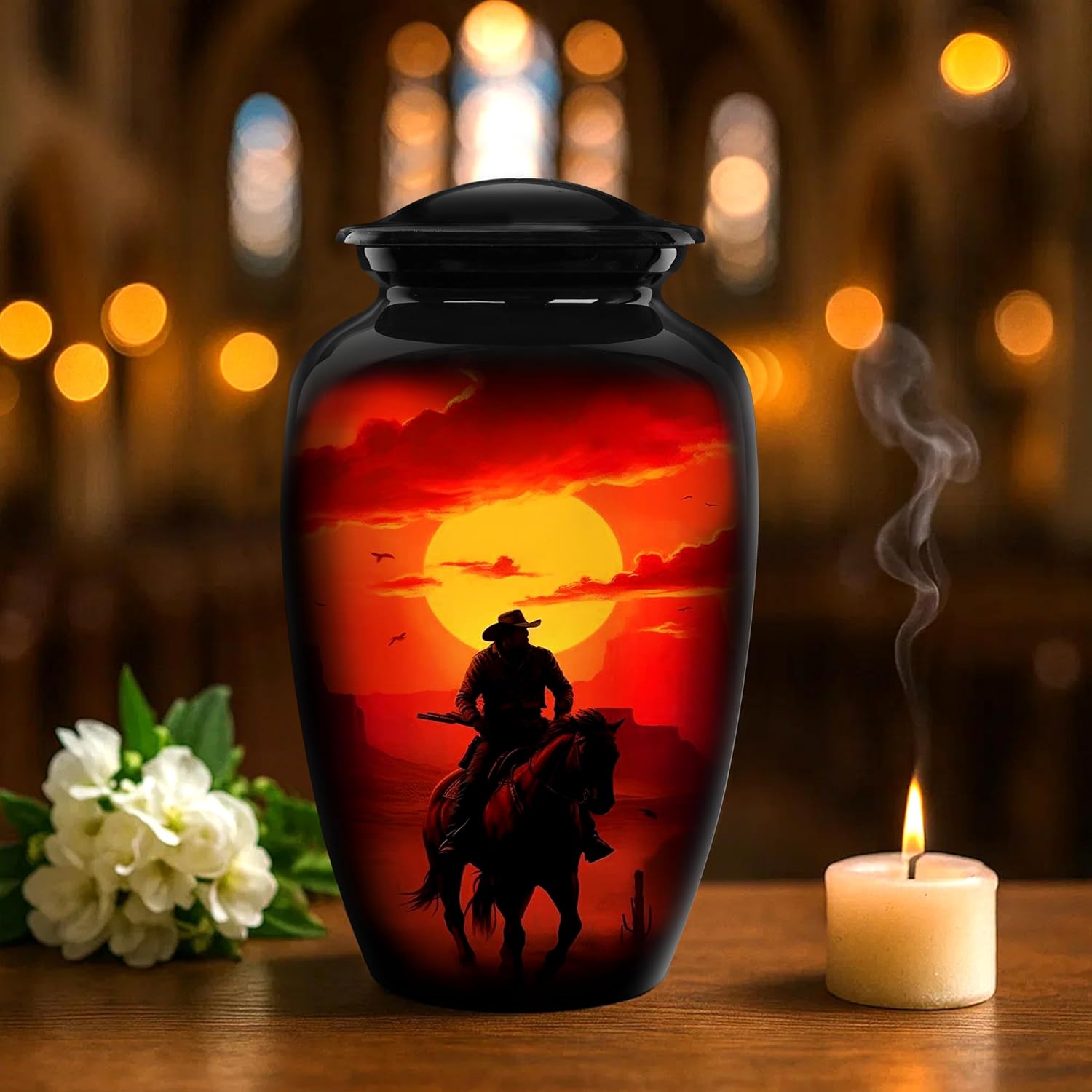 Cremation Urns for Human Ashes Adult Male Female – Large Funeral Men Urn for Ashes, Western Decorative Burial Memorial Urn with Black Velvet Bag, Cowboy, 200 Cu in - Image 7