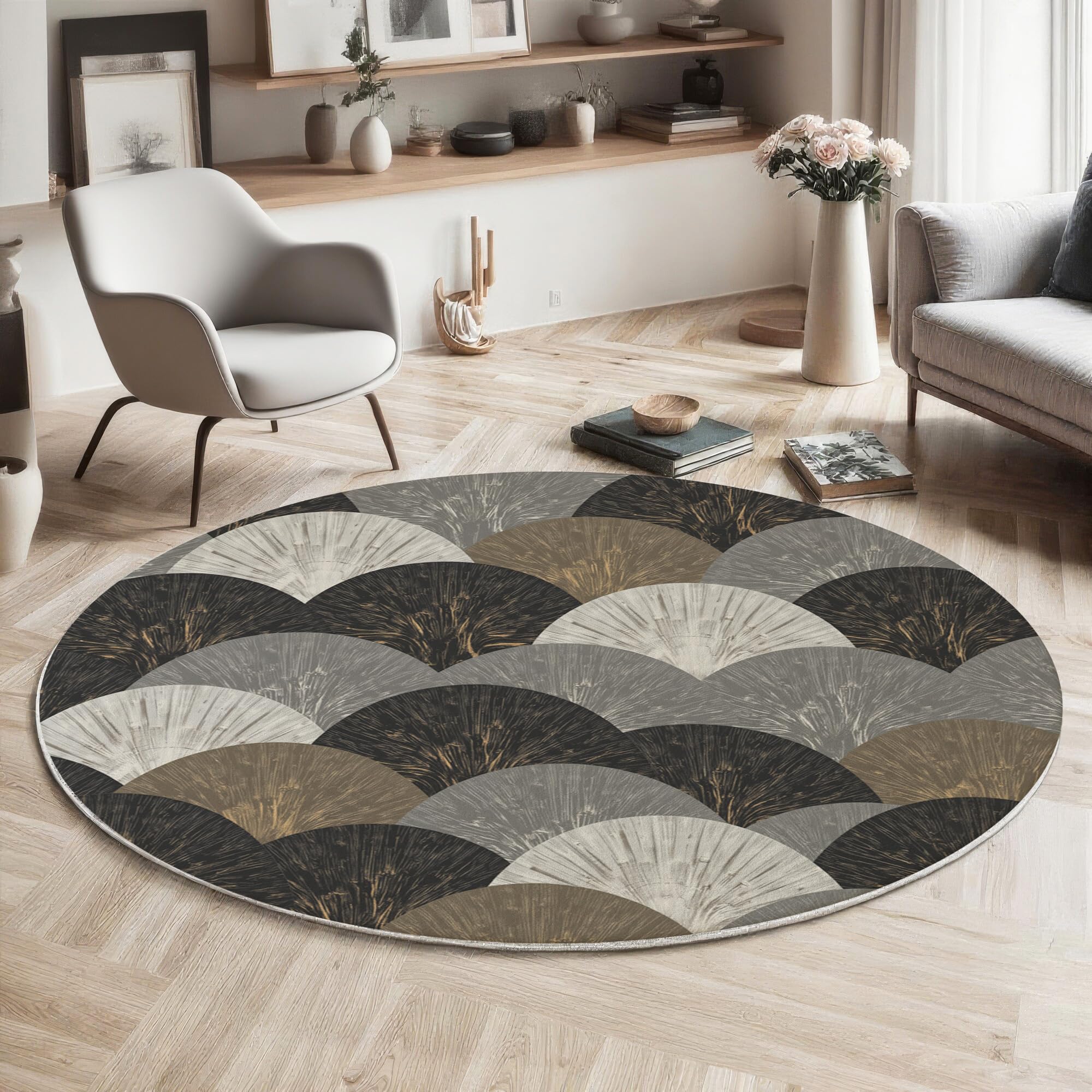 Tapis rond motif géométrique en marbre abstrait élégant gris foncé de 200 cm