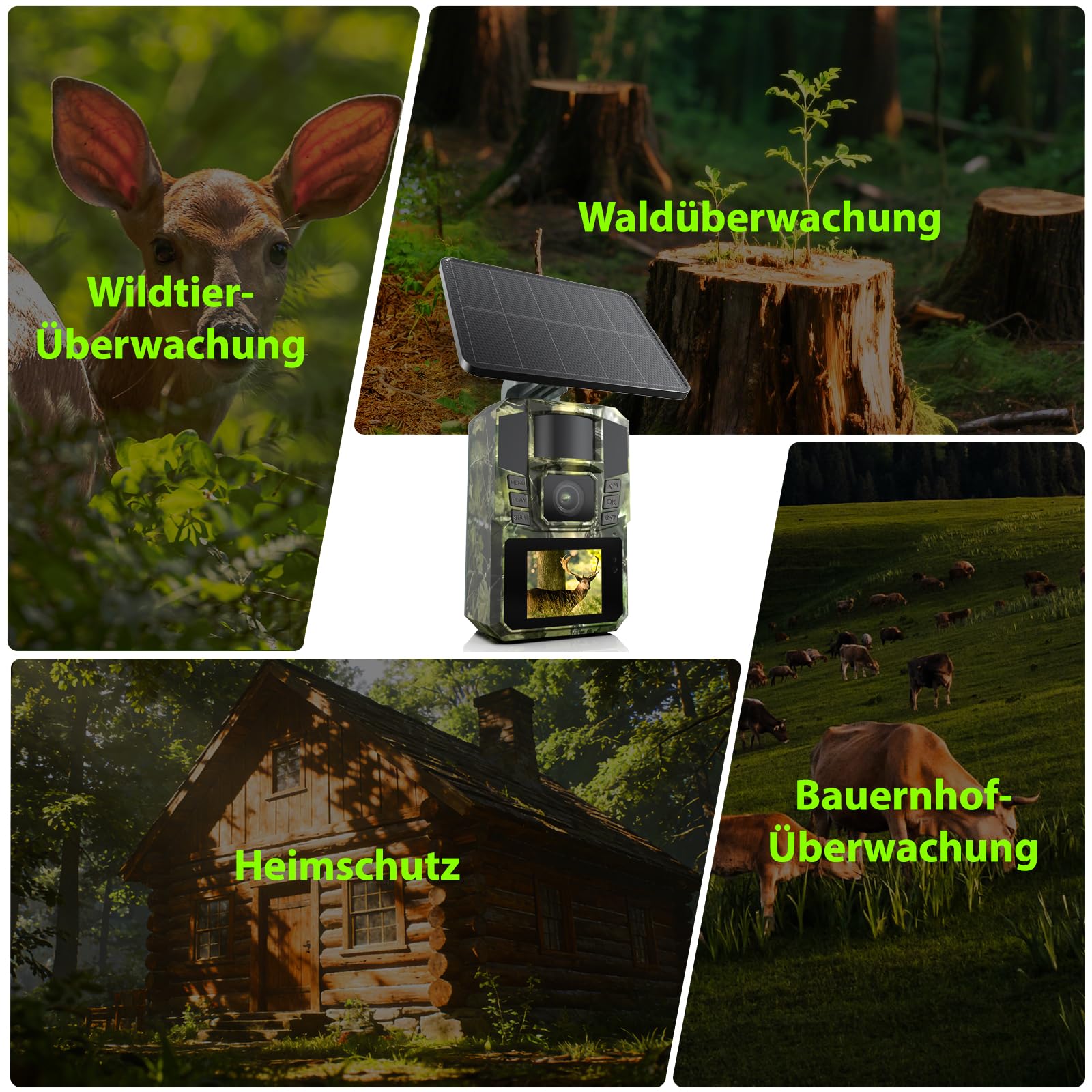 WLAN Solar Wildkamera 4K 48MP mit Handyübertragung APP, Wildtierkamera mit Nachtsicht Bewegungsmelder Eingebaute 5200mAh Lithium-Batterie,64GB SD Karte, 0.1s Auslöser Bewegungsaktiviert, IP65