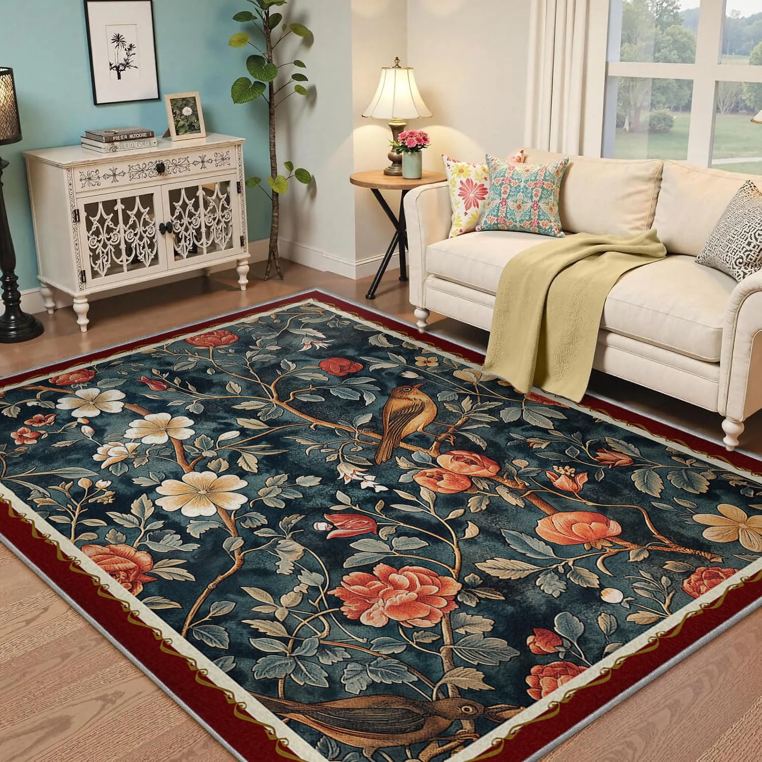 Tapis de salon floraux 120x180 motif oiseau rose tapis classique beige