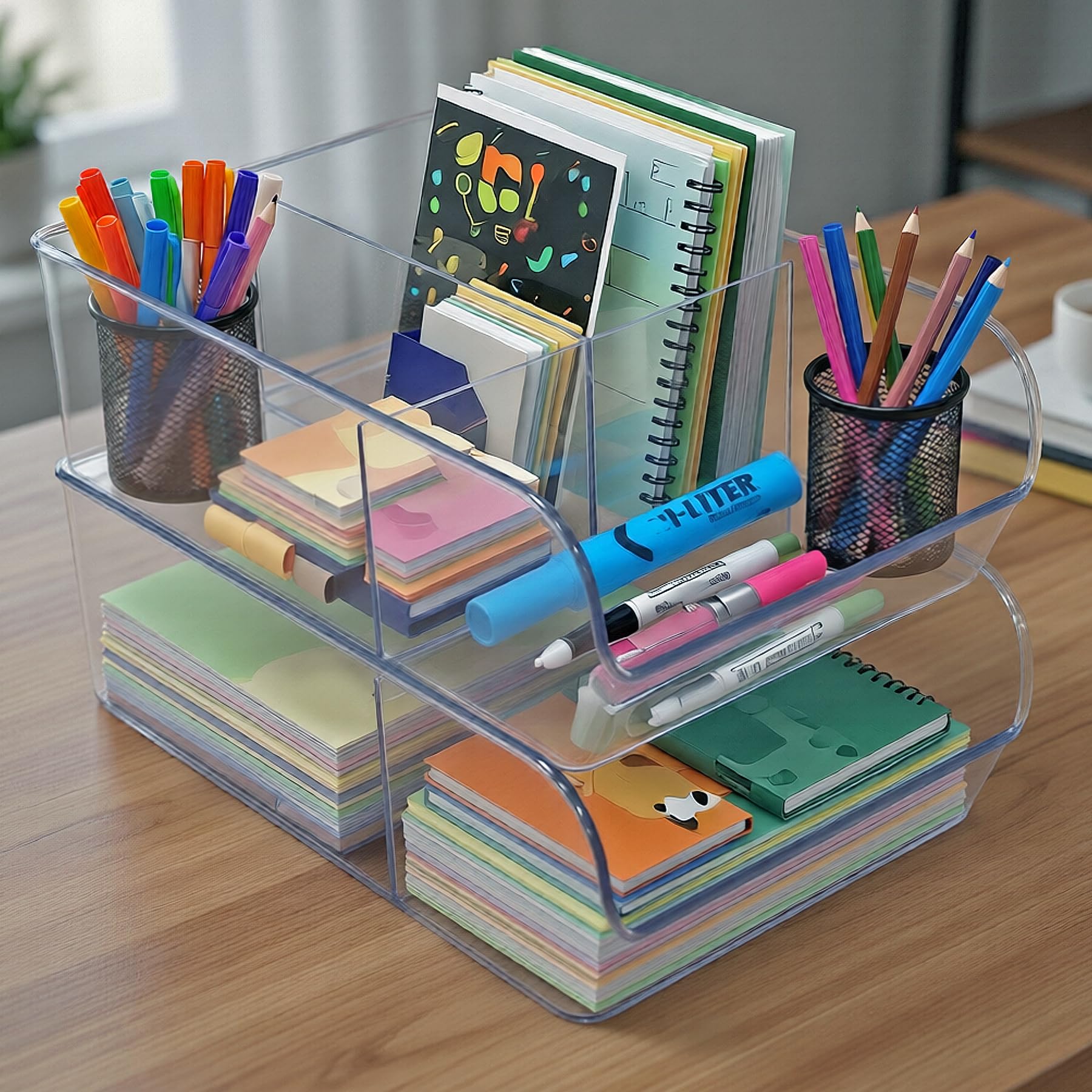 Azar Displays 556752-4PK - Contenedor de almacenamiento transparente con divisores, organizador apilable de múltiples compartimentos para cocina, baño, despensa y oficina, plástico sin BPA (paquete de