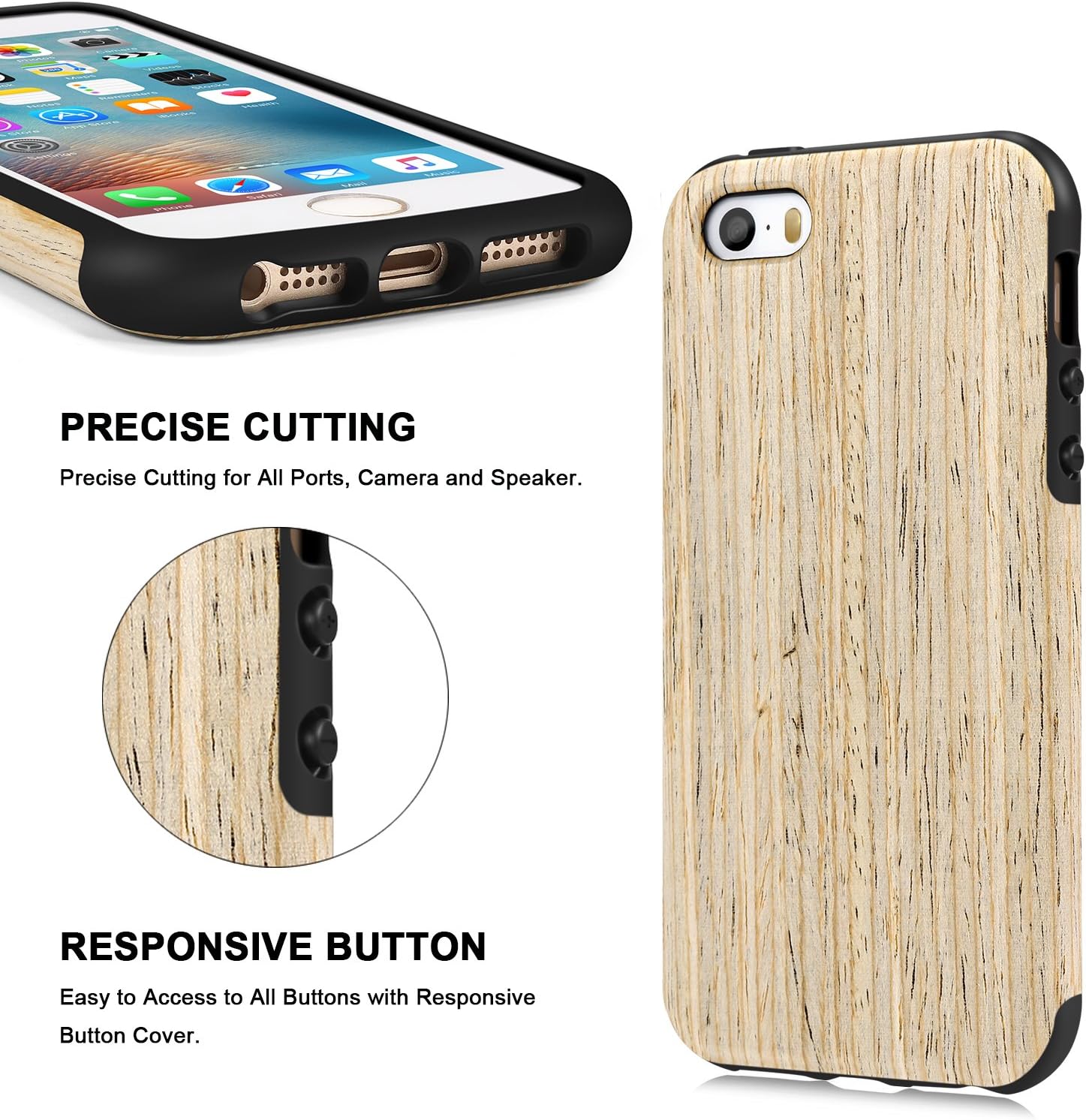 TENDLIN Compatible with iPhone 5S Case/iPhone SE 2016 Case (1st Gen) Wood Grain Outside Soft TPU Silicone Hybrid Slim Case Designed for iPhone 5 / 5S / SE (1st Gen 2016) - Nordic Walnut Wood