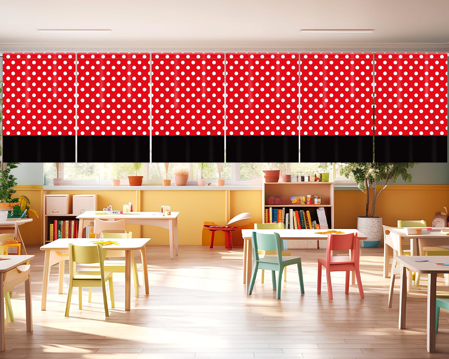 6 Pcs Classroom Curtains Decorations Rectangle Classroom Valance Curtains Back to School Window Drapes Red and Black Polka Dot School Valance for Kindergarten Daycare Primary Bedroom Playroom Decor