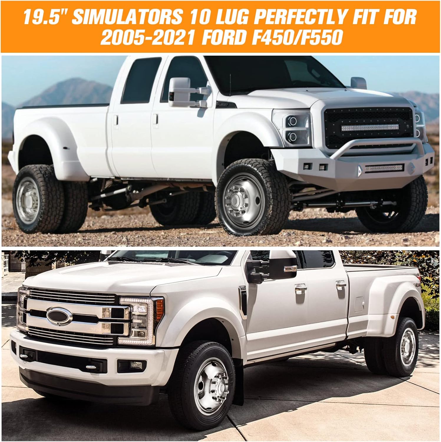 VMBQRTI 19.5" 10 Lug Stainless Steel Wheel Simulators Hubcap Kit Set of 2 Rear & 2 Front Chrome Polished Wheel Simulators with Bolt Kit for 2005-2020 Ford F450/F550 2WD Trunk Dually Wheel Cover Set : Automotive