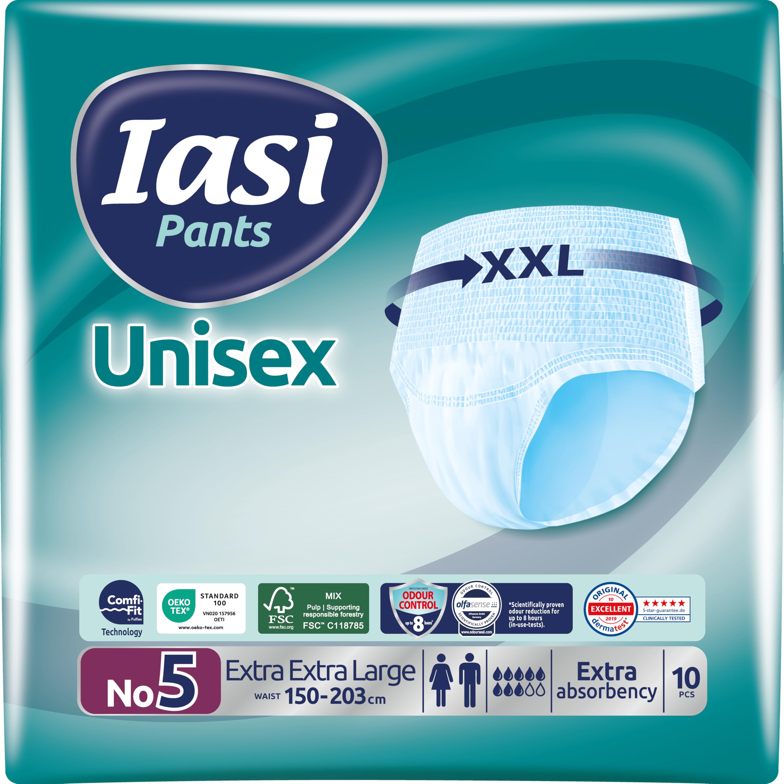 IASI Unisex High Protection Pants, 10 Disposable Absorbent Underpants, Extra Absorbency, Size XXL, 10 Units