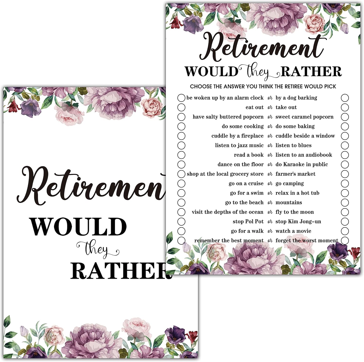 Retirement Party Games, Would They Rather Co-Worker Retirement Party Game Card, Purple Floral Retirement Party Ideas Activities Supplies Decorations(30 Game Cards) - B04 : Home & Kitchen