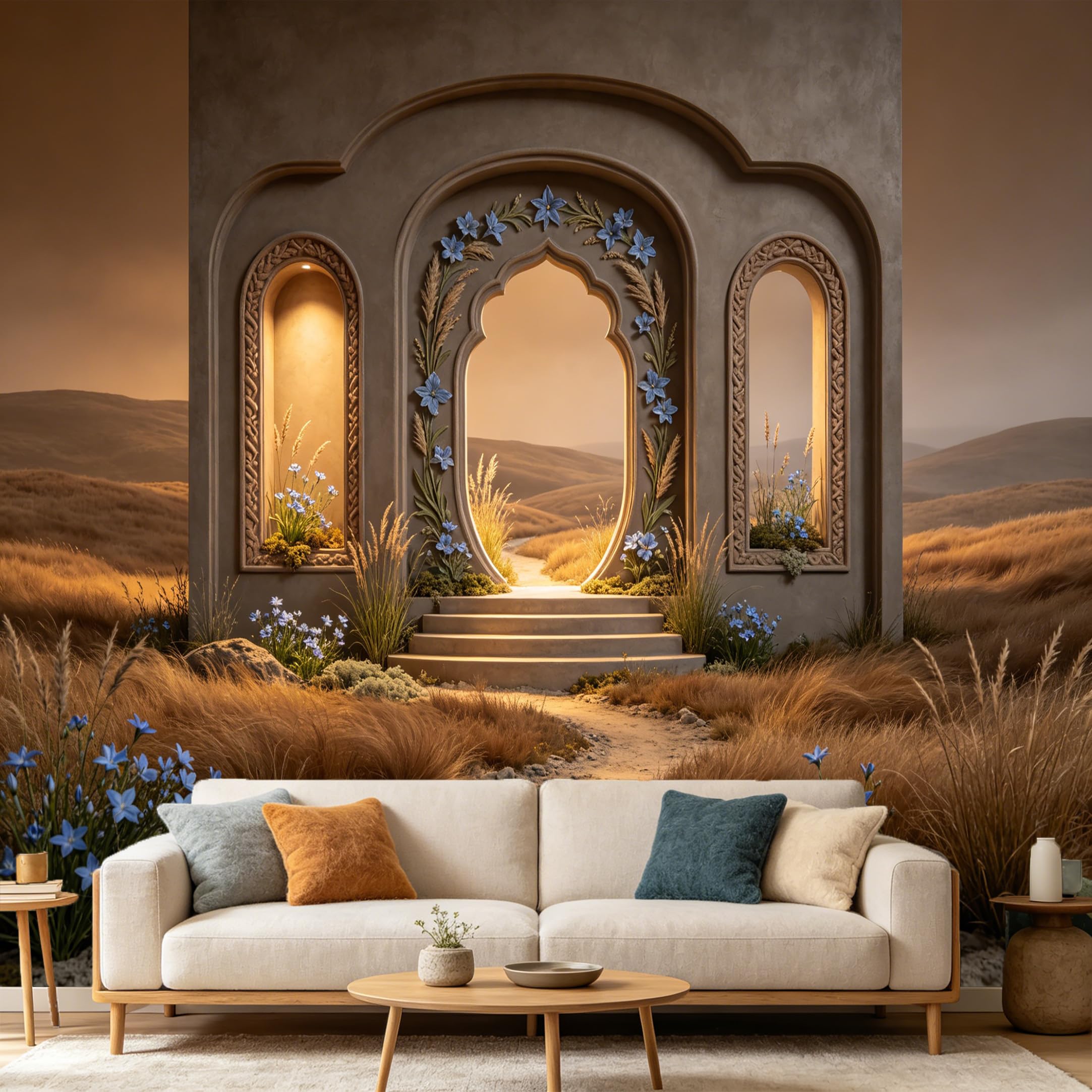 Custom Size Wall Mural， 3D Archway Landscape Blue Floral Field Sunset， SelfAdhesive Art Prints wall Fabric Removable Large Wallpaper Home Living Room Decor