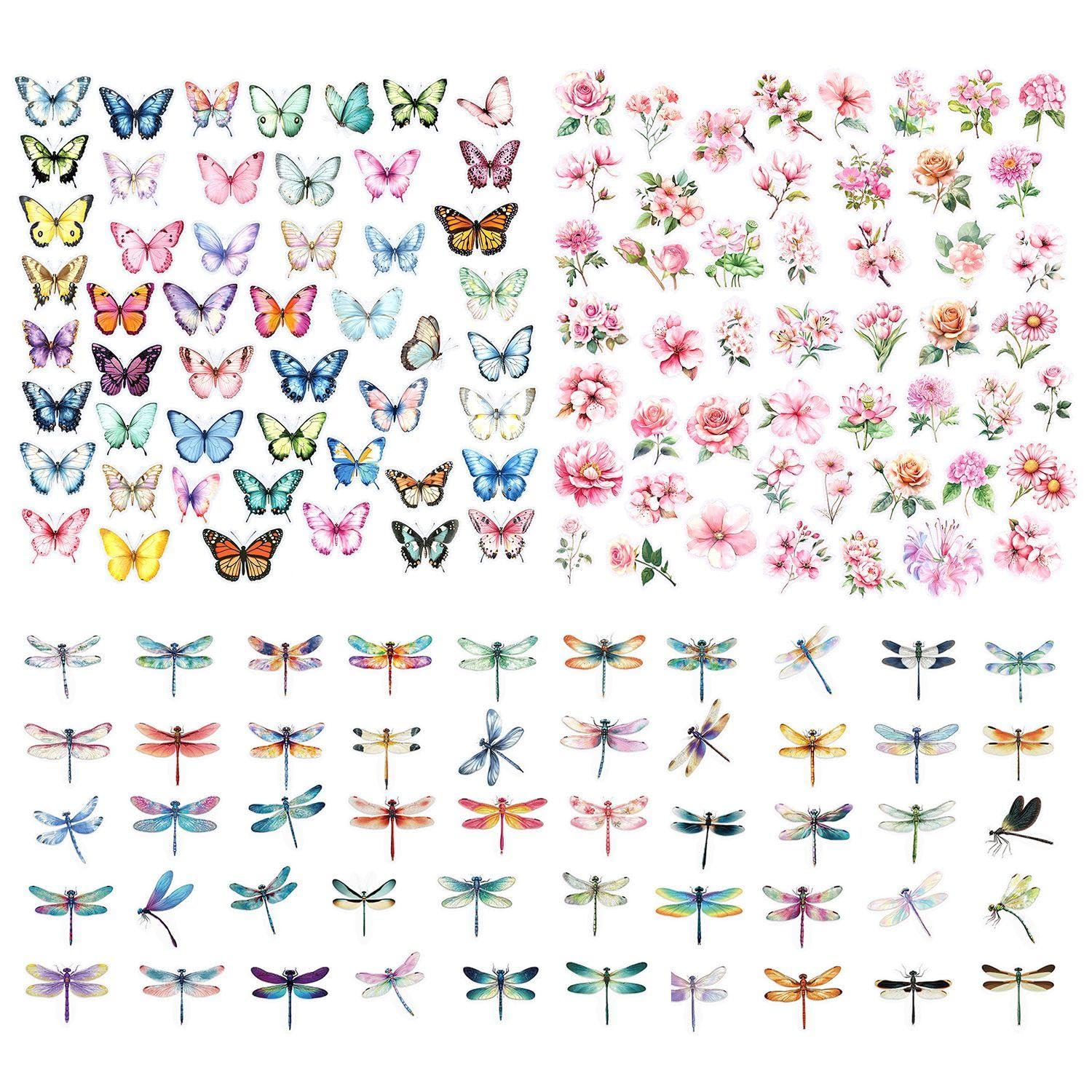 EJUFNS 150 Butterfly And Dragonfly Flower Stickers, Colorful Pattern Stickers, Waterproof Hand Account Material Package, Can Decorate Cups, Photo Albums, Mobile Phone Cases.