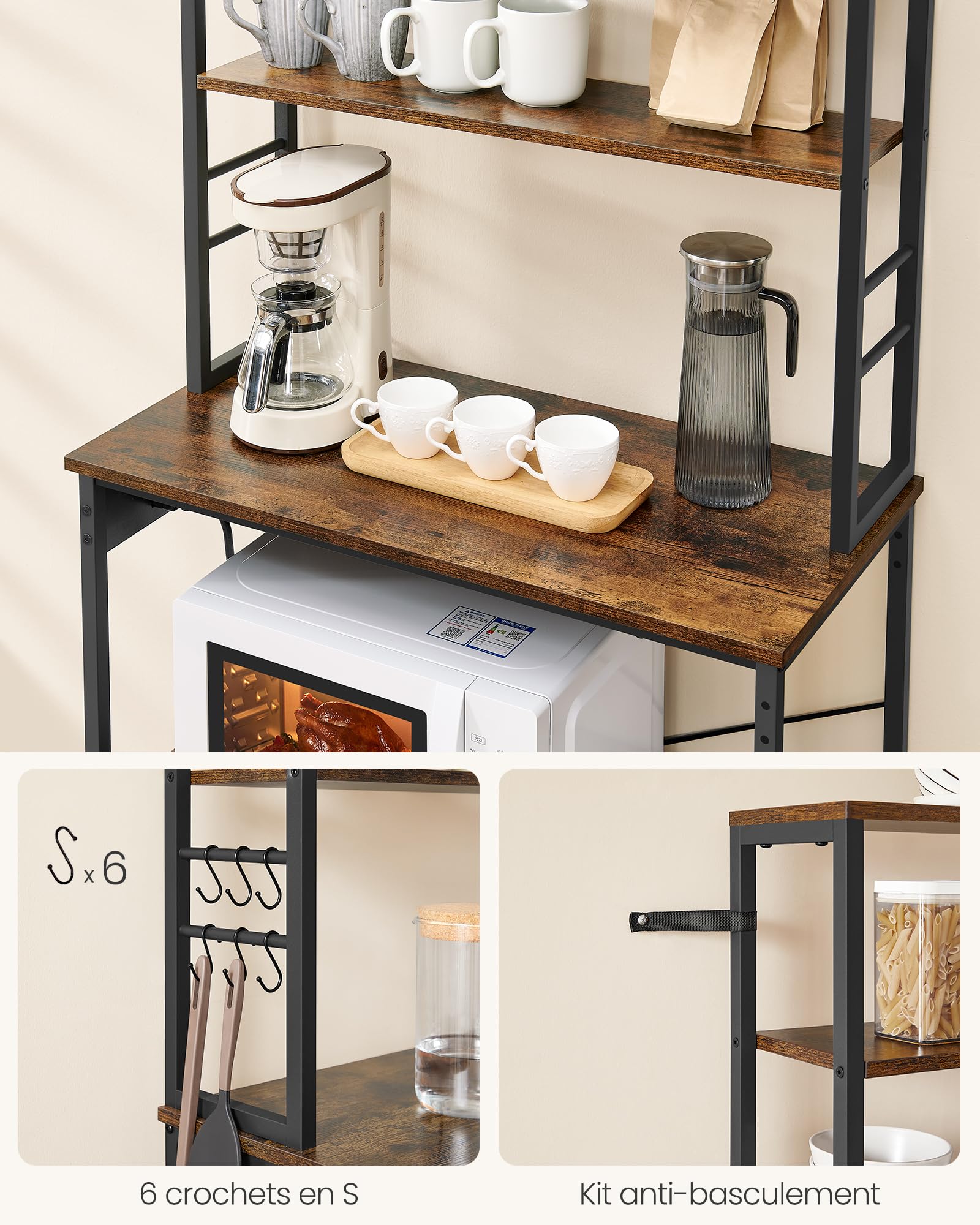 VASAGLE Étagère de Cuisine avec Multiprise, Étagère pour Machine à Café, 6 Étagères, 6 Crochets, pour Four à Micro-Ondes, Cadre en Acier, 40 x 80 x 167 cm, Marron Rustique et Noir d'encre KKS119K06
