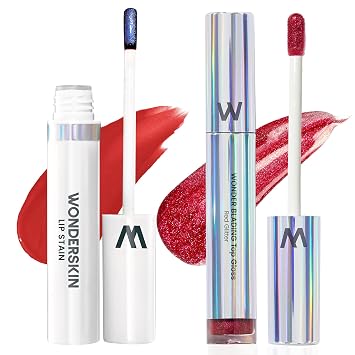 Wonderskin Wonder Blading Lip Stain Peel Off Masque - Long Lasting, Waterproof Hayley with Top Gloss - Red Glitter Lip Gloss, Hydrating and High Shine Finish