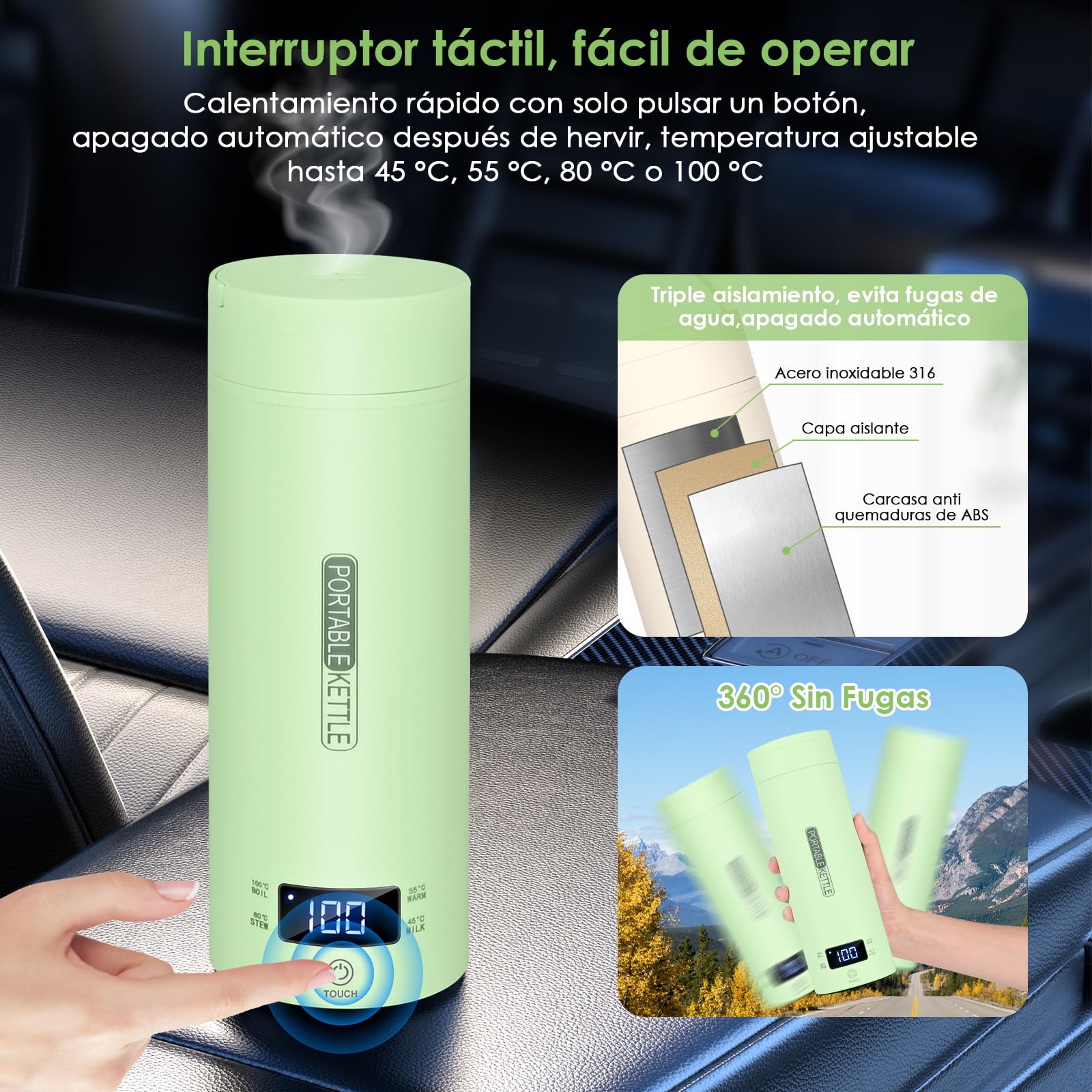 Dreamhigh® Hervidor Eléctrico Pequeño de Viaje, 500ml Calentador de Agua Portatil, 96W Pava Electrica Control Temperatura (45℃/ 55℃/ 80℃/ 100℃), Tetera Electrica para Té, Café y Leche (Auto) (Negro)