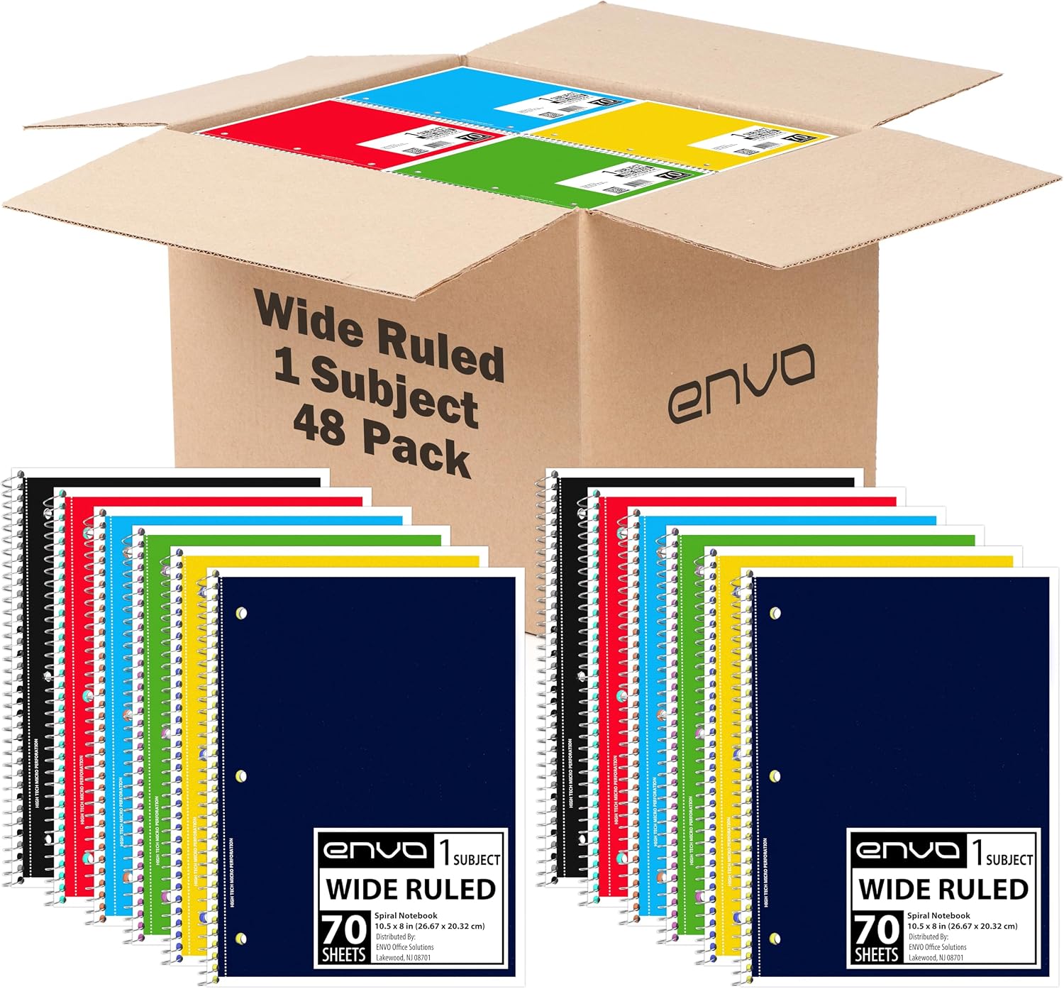 ENVO Spiral Notebook, 1 Subject, Spiral Notebook Wide Ruled, Spiral Notebook 8 x 10.5, Notebooks Bulk, School Supplies, Office Supplies, 70 Sheets, (48, Wide Ruled)