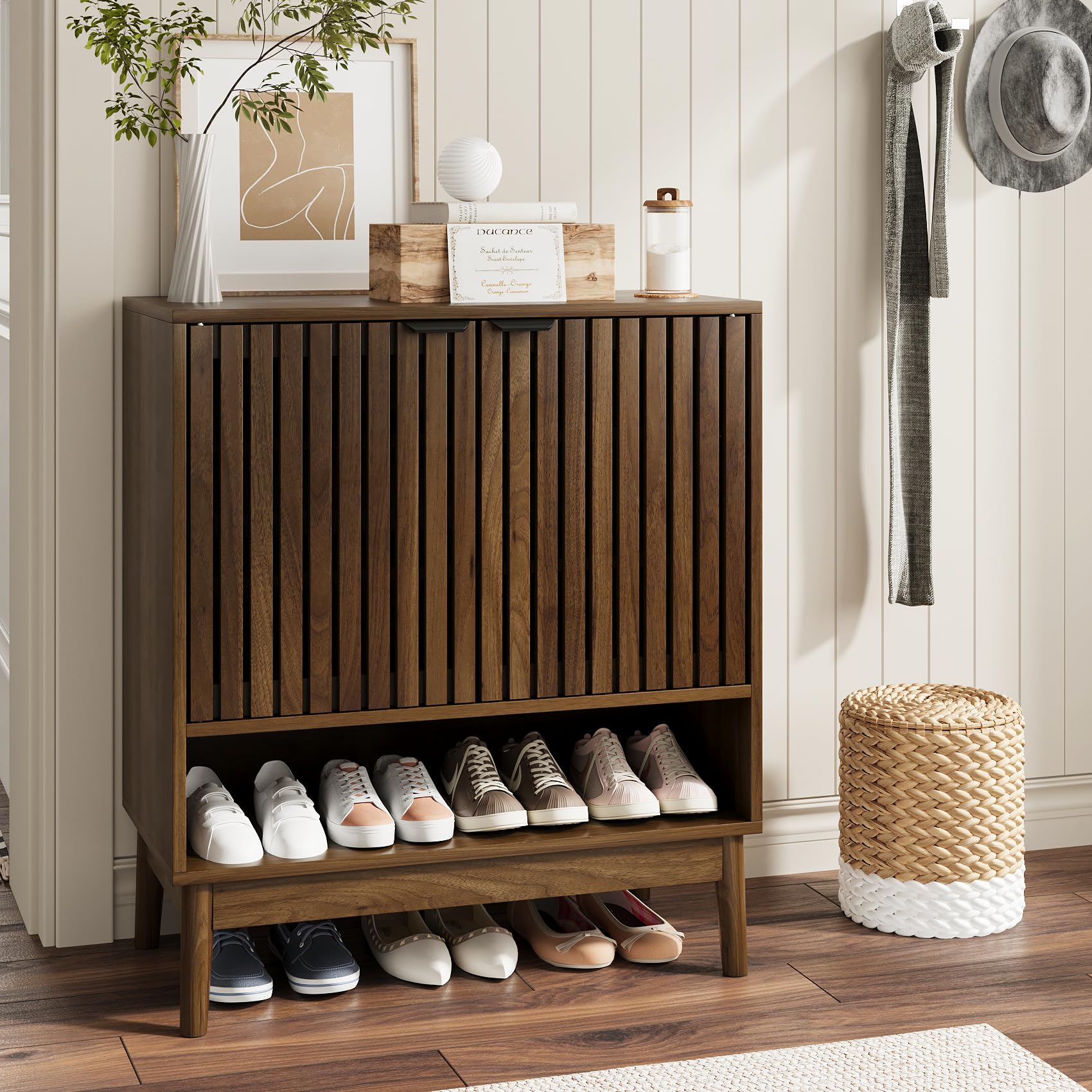 Kiasthome Shoe Storage Cabinet with Ventilated Slatted Doors, Wooden Shoe Organizer, Shoes Rack for Entryway, Hallway, Living Room (Walnut, 27.56" W)