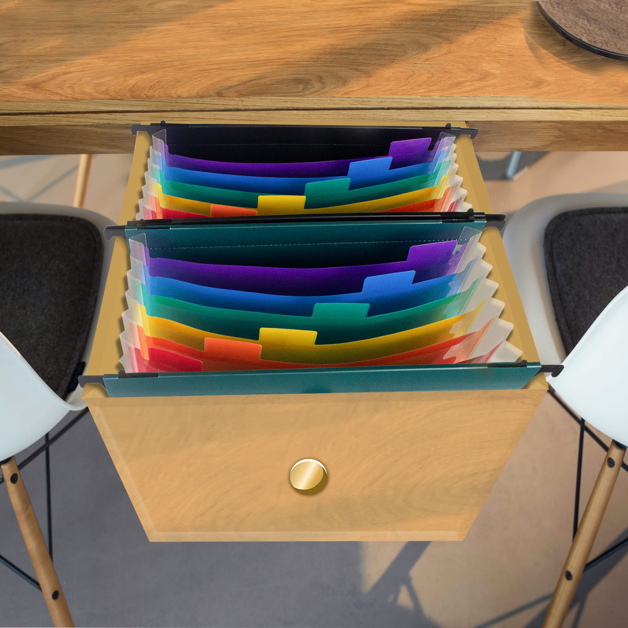 Hänge-Aktenordner-Set, Briefgröße, 2 Stück, 14 Taschen, Kunststoff, einziehbare Haken, Dateien, erweiterbare Ordner, wasserdicht, für Akkordeon-Dateien, Organizer, Füllschrank (Schwarz/Grün)