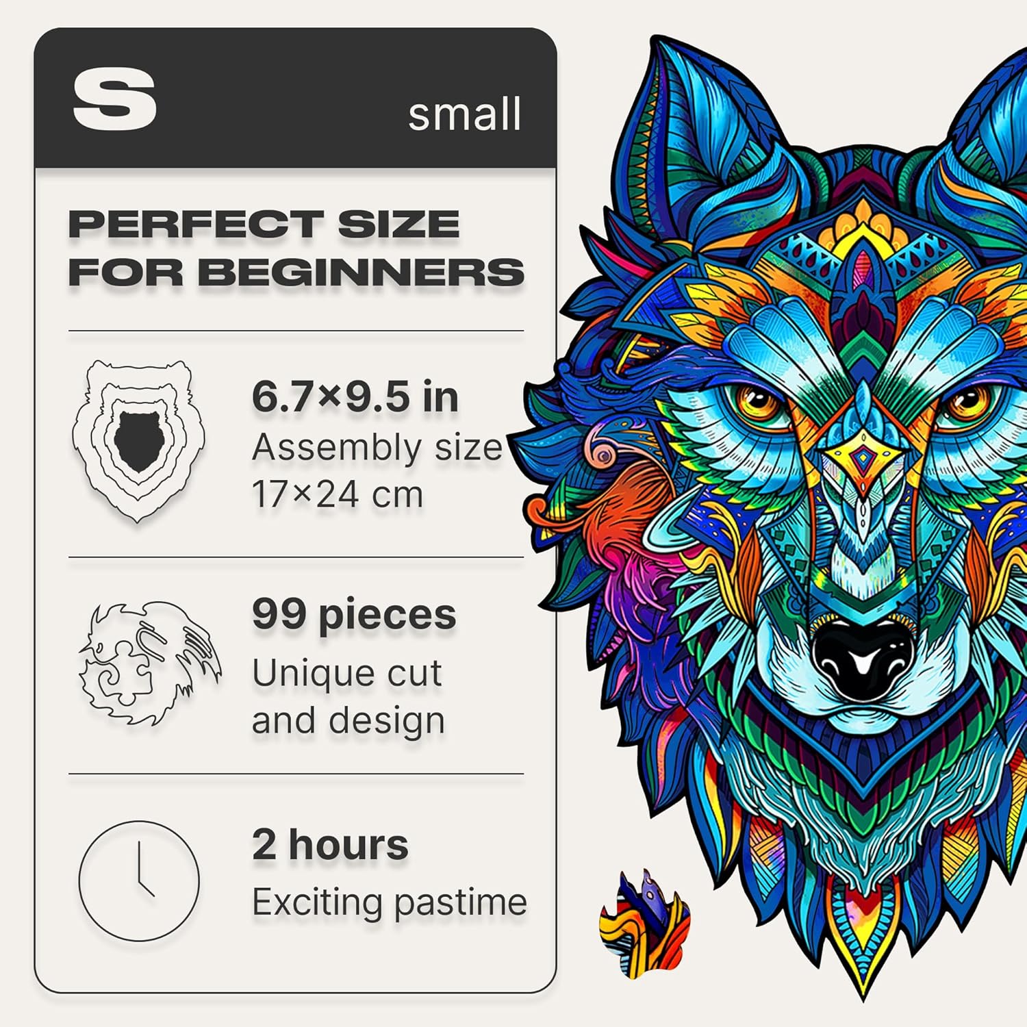 Unidragon Wooden Puzzle Jigsaw, Best Gift for Adults, Unique Shape Jigsaw Pieces Majestic Wolf, 6.7 x 9.5 inches, 101 Pieces, Small