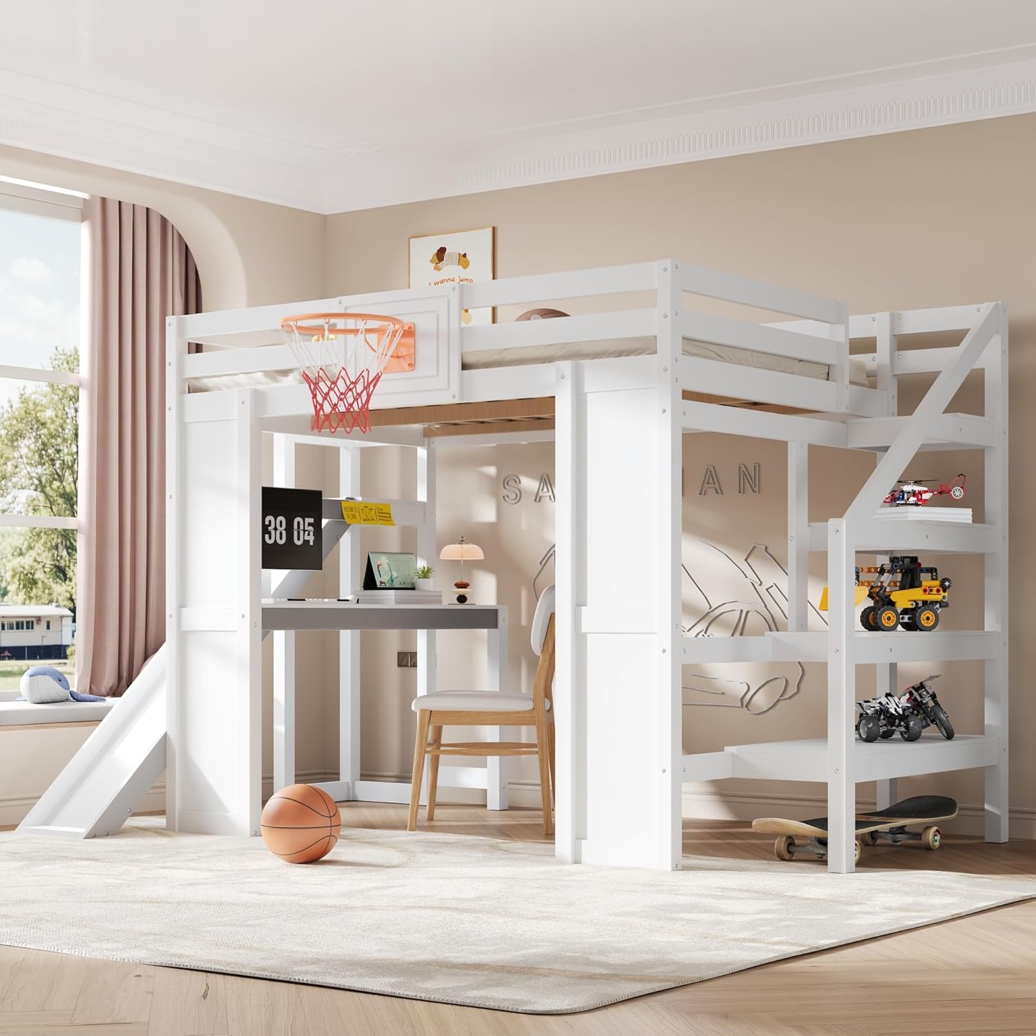 Harper & Bright Designs Full Size Loft Bed with Desk and Shelves, Wooden Full Loft Bed Frame with Storage Cabinet Underneath for Kids, Teens (Grey)