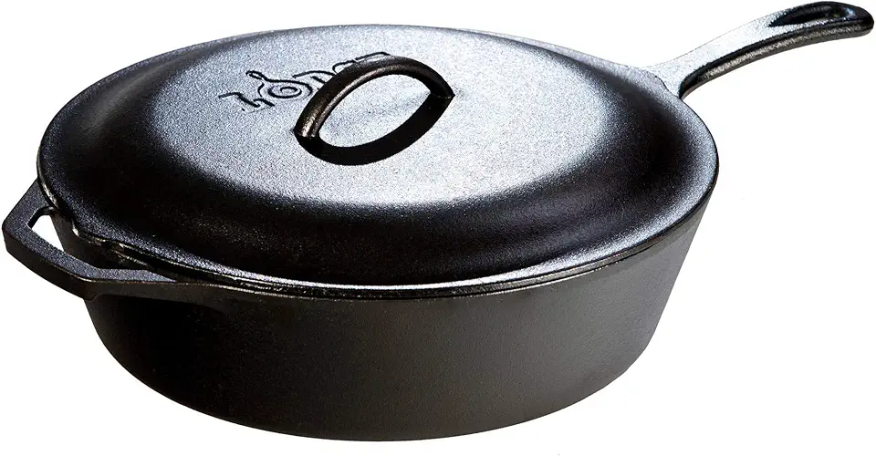 Lodge 5 Quart Pre-Seasoned Cast Iron Deep Skillet with Lid - Signature Teardrop Handle &amp; Assist Handle - Use in the Oven, on the Stove or Grill, or Over a Campfire - Use to Sear, Sauté, Bake, Broi