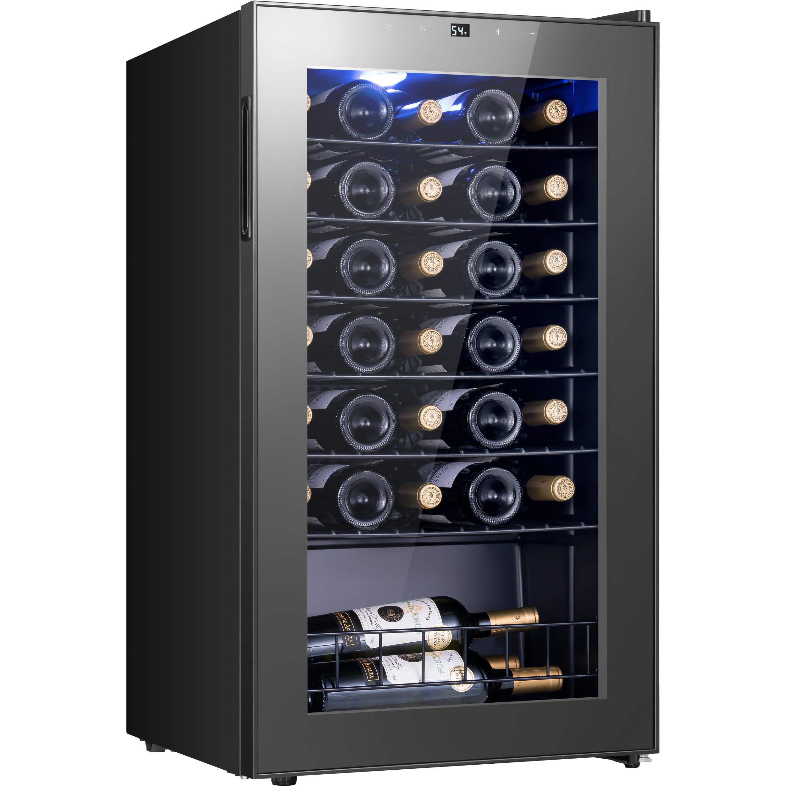 Yeego Wine Fridge, 34 Bottles Wine Cooler Refrigerator, 38-65℉ Freestanding Mini Fridge with Digital Temperature Control &amp; Double-layer Glass Door &amp; Blue Ambient Lights for Home, Kitchen, Office, Dorm