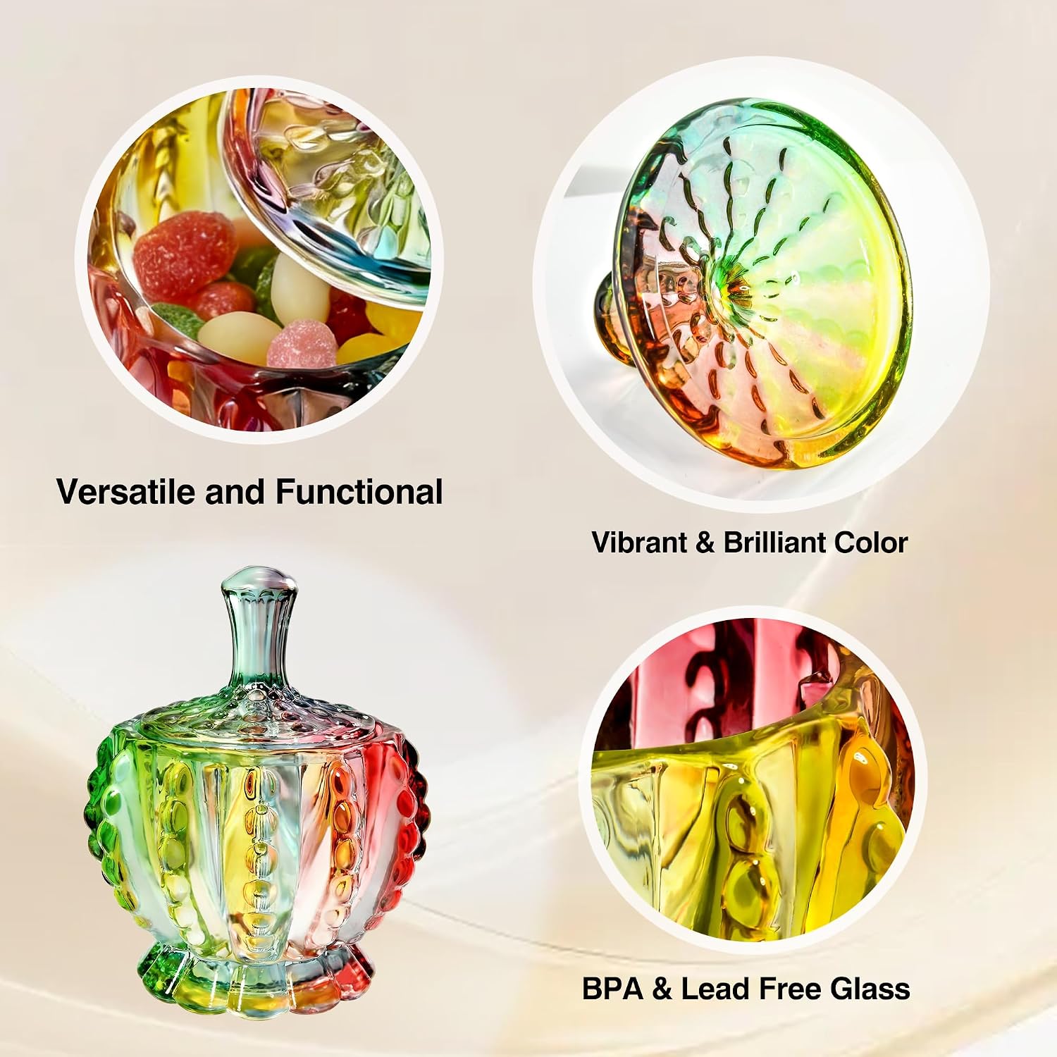 Iridescent Glass Candy Jar with Lid, Colorful Candy Dishes