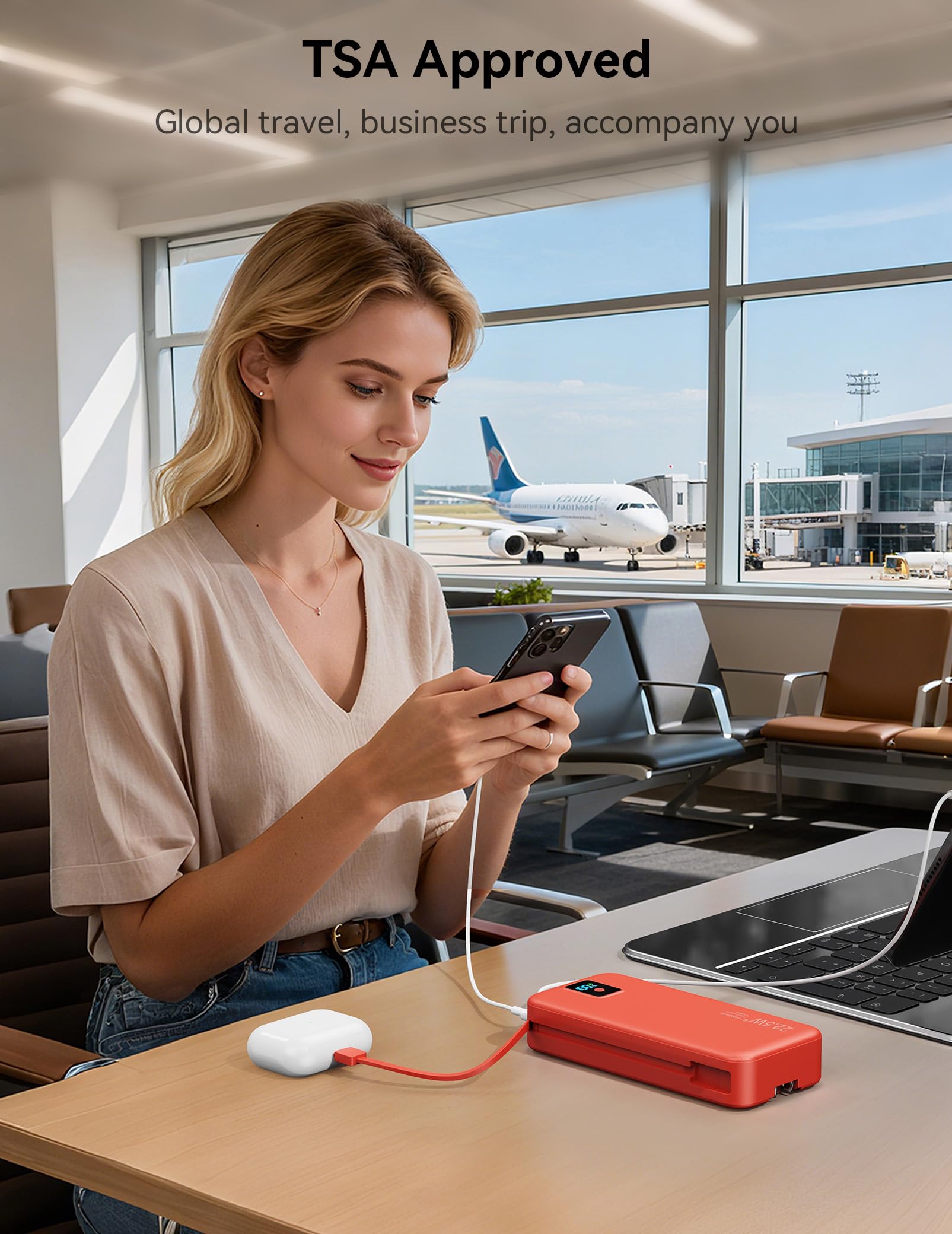 Cargador portátil, 20.000 mAh, 22.5 W, batería de carga rápida con cables integrados y enchufe de pared, paquete de batería esencial de viaje con pantalla LED, cargador de teléfono USB C para iPhone