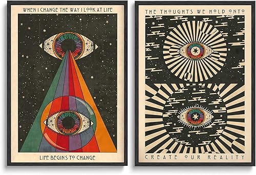 2 piezas de arte de pared retro hippie de los años 70, carteles de arte de ojos psicodélicos de los años 70, pintura en lienzo con cita inspiradora,