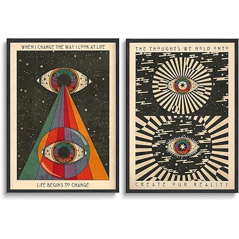 2PCS Retro Hippie Wall Art, 70's Psychedelic Eyes Art Posters, Inspirational Quote Canvas Painting Pictures Prints Wall Decor for Bedroom Living Room Apartment Teen Dorm Home Decoration,Unframed