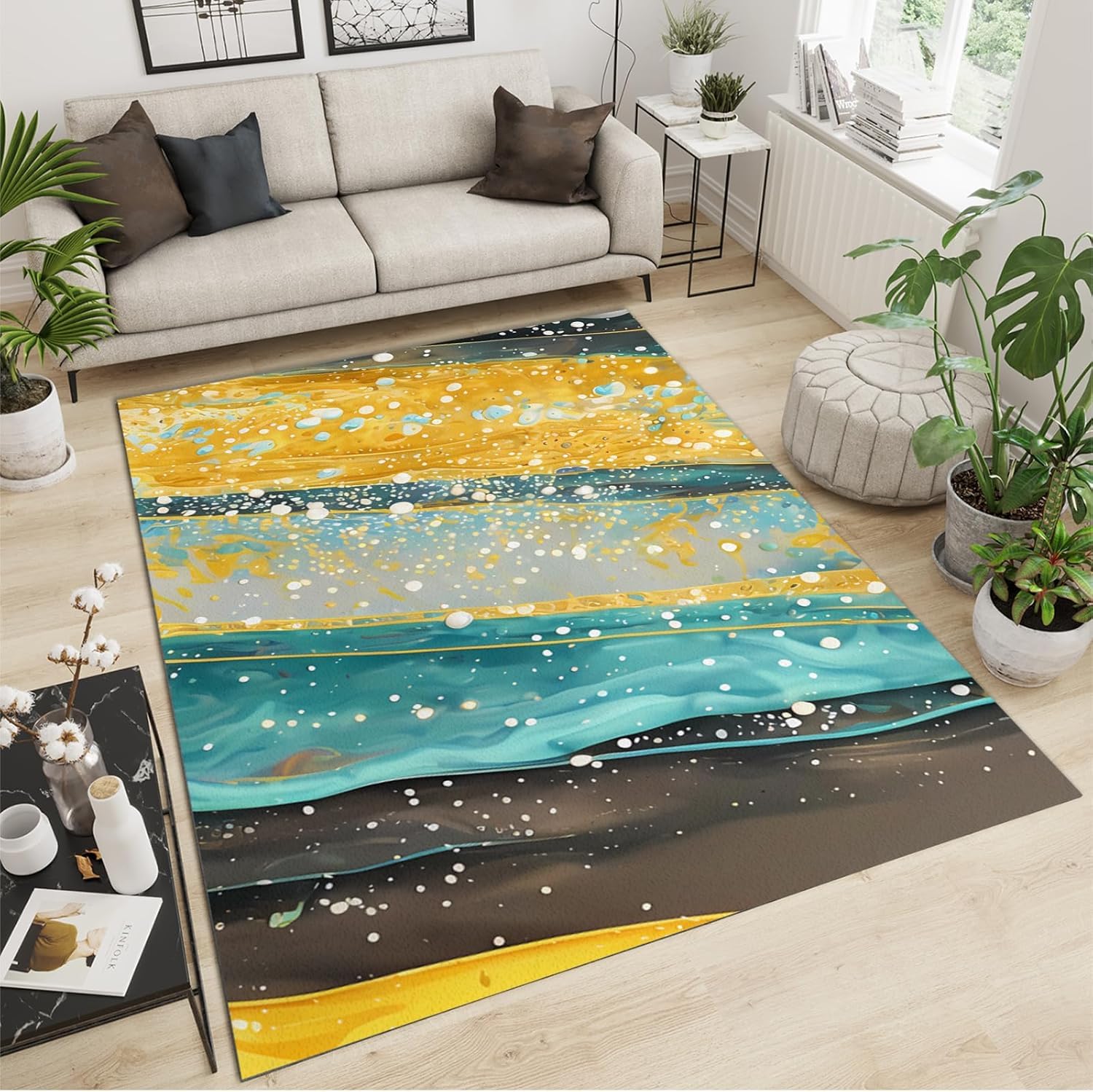Tapis de salon antidérapant grand format et soft à rayures colorées