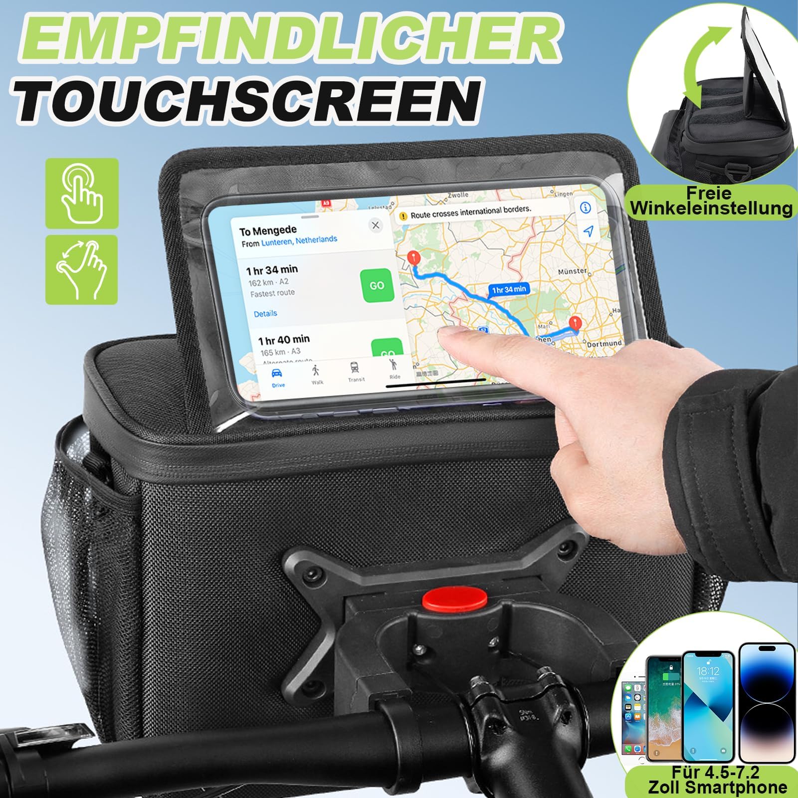 FINEW Bolsa para manillar de bicicleta con adaptador de manillar para bicicleta eléctrica y bicicleta, cesta delantera de 6 L, resistente al agua, bolsa de manillar con soporte para teléfono móvil