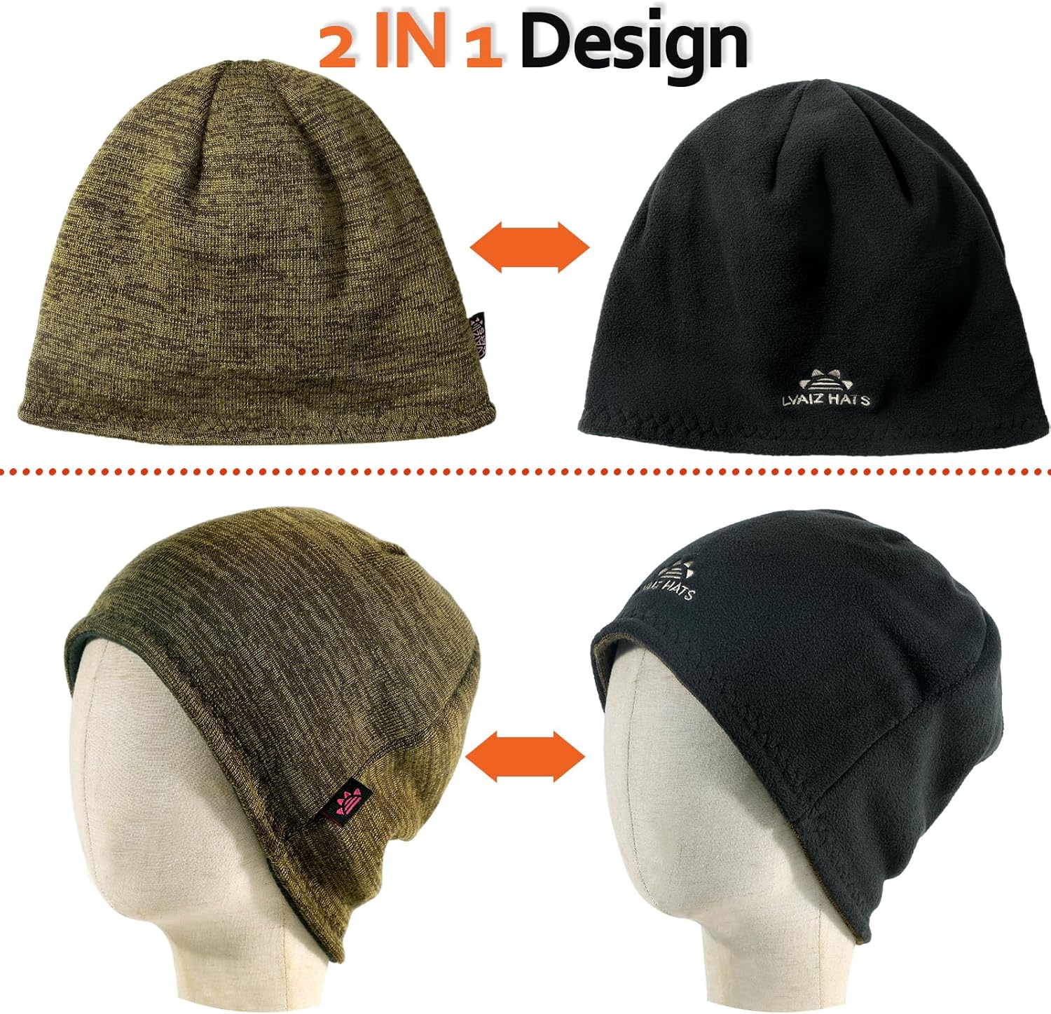 3 Pack Reversible Winter Fleece Lined Beanie Hats for Men Women Warm Windproof Cotton Stretchy Knitted Skull Caps - Image 4