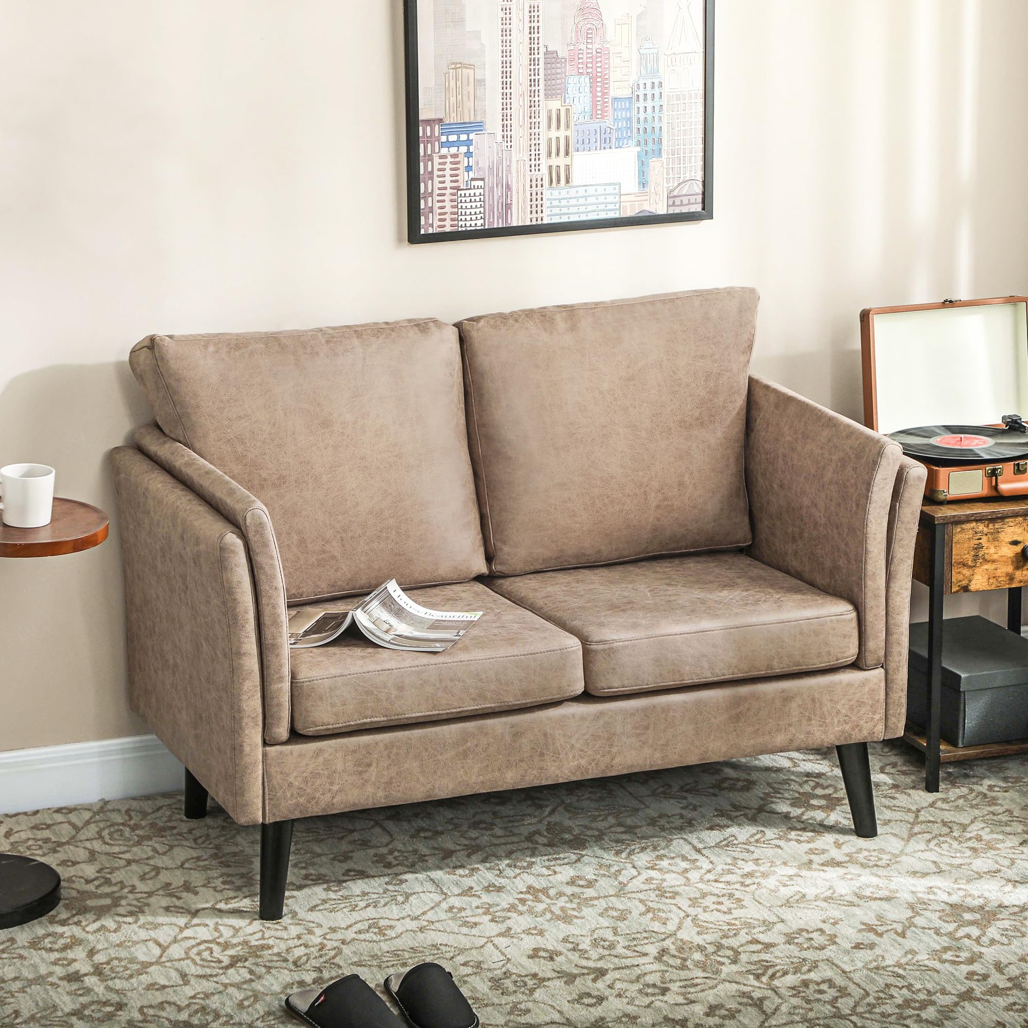 HOMCOM 2 Seater Sofa, Modern Small Sofa with Thicken Cushion, High-Resilience Foam, Rubber Wood Legs, Leathaire Upholstered Loveseat Settee for Living Room, Bedroom, Home Office, Light Brown
