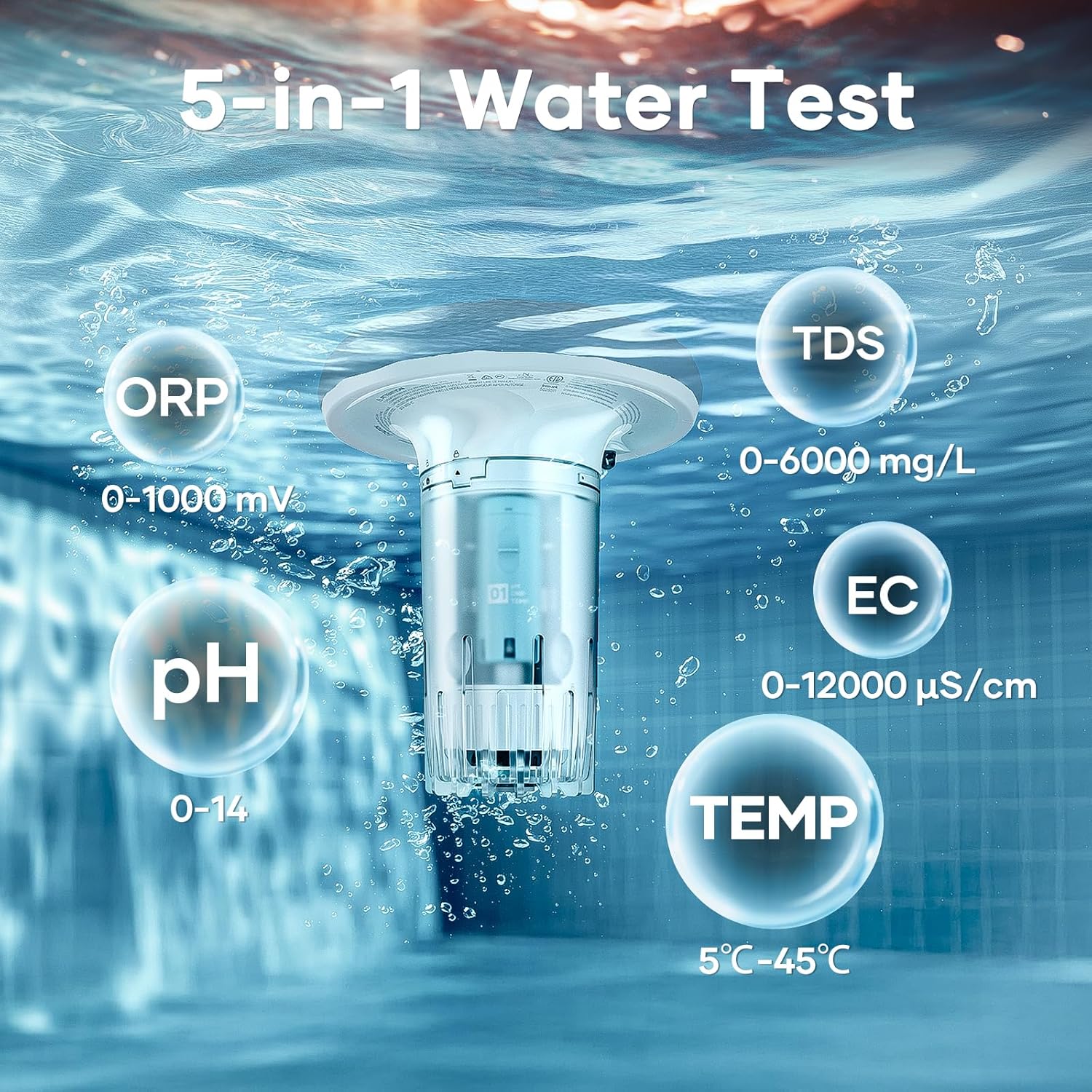 AIPER HydroComm Smart Pool Monitor submerged in water, with bubbles indicating its 5-in-1 water testing capabilities: ORP, pH, TDS, EC, and TEMP.