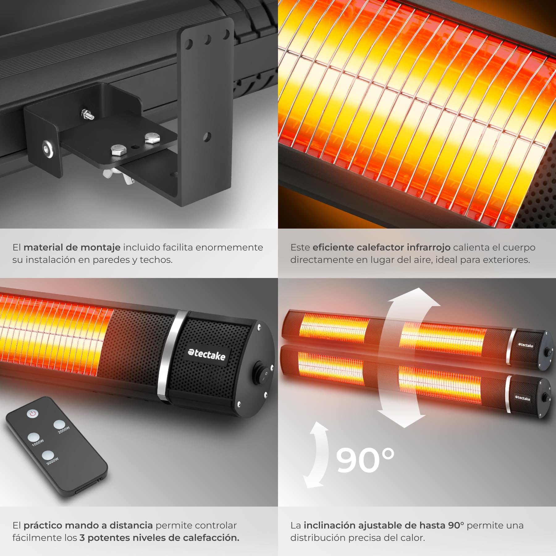 tectake® Calentador Infrarrojo Inclinable para Interiores y Exteriores, 3 Niveles de Potencia, Control Remoto, Aluminio Inoxidable, Calefactor Pared, Calefactor Bajo Consumo, Sin Pérdida de Energía