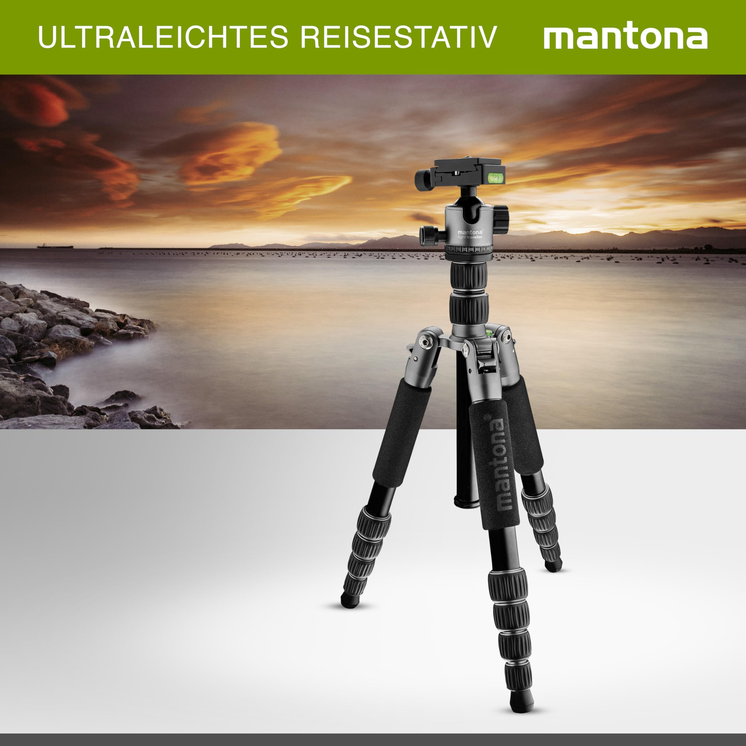 mantona Statyw podróżny Light Traveller, stabilne aluminium, lekki statyw do aparatu, głowica kulowa + płyta wymienna (kompatybilna z Arca Swiss), panorama 360°, statyw fotograficzny jako tripod i