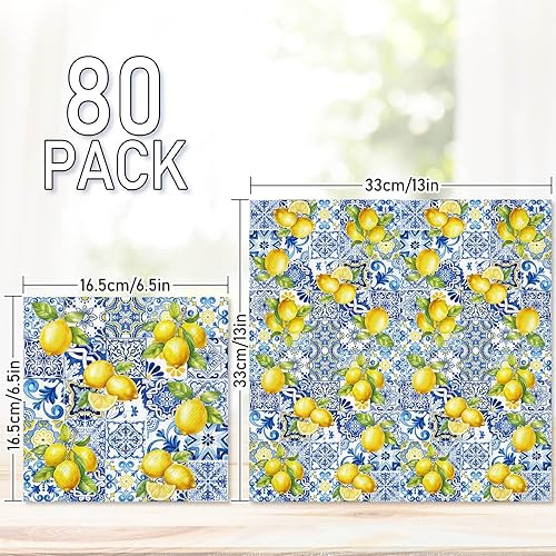 Miniatura 2 de JarThenaAMCS 80 servilletas de papel con azulejos y limones, servilletas desechables azules y amarillas, servilletas decorativas para cena,