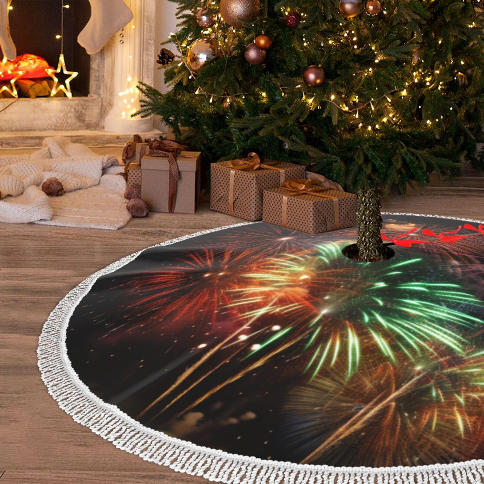 Tapis de décoration rustique pour sapin de Noël avec splendides broderies de feux d'artifice