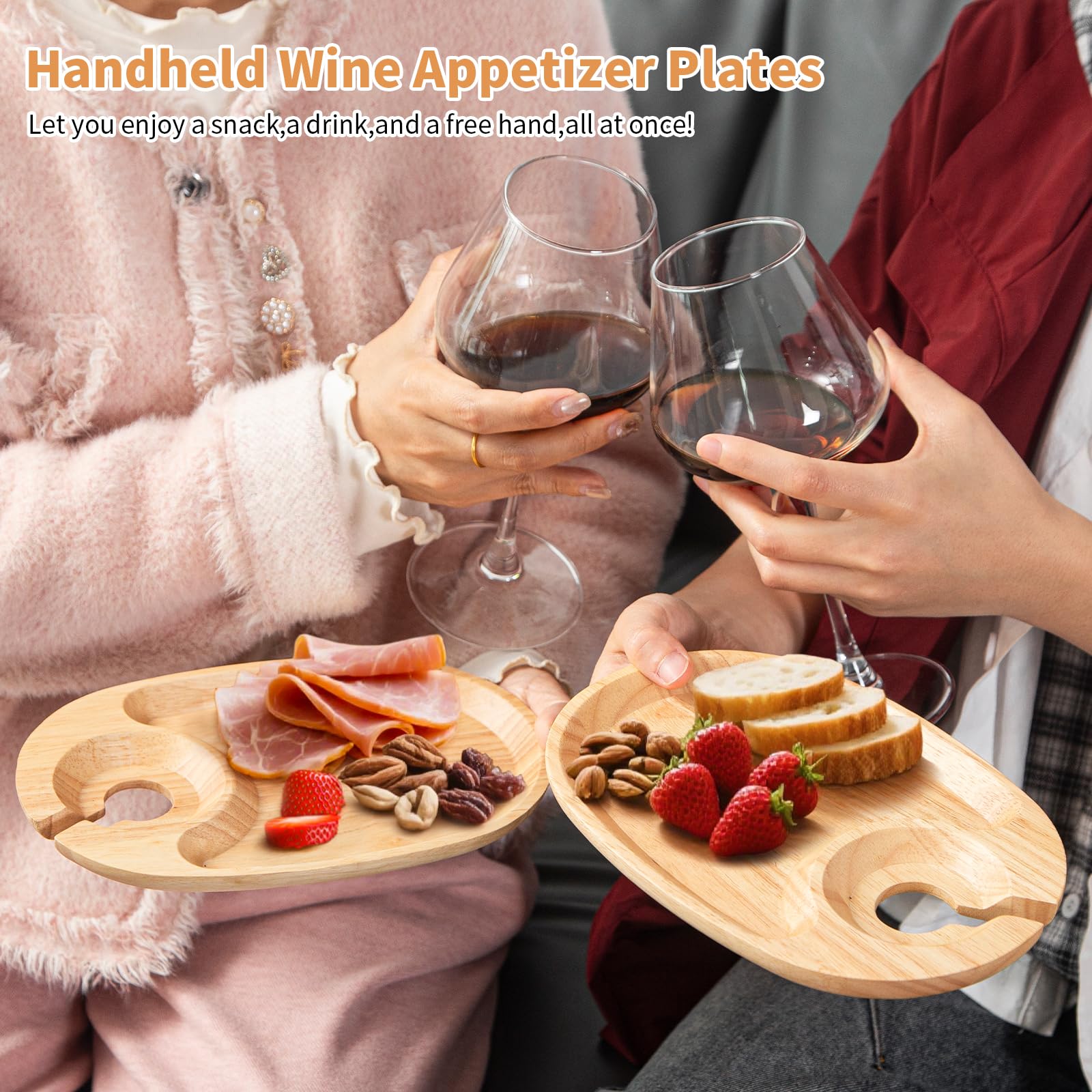 GinSent Set di 4 piatti in legno per antipasti, cocktail e antipasti con supporto per calici da vino, piccoli formaggi per feste di vino, feste di inaugurazione della casa, feste di compleanno (legno