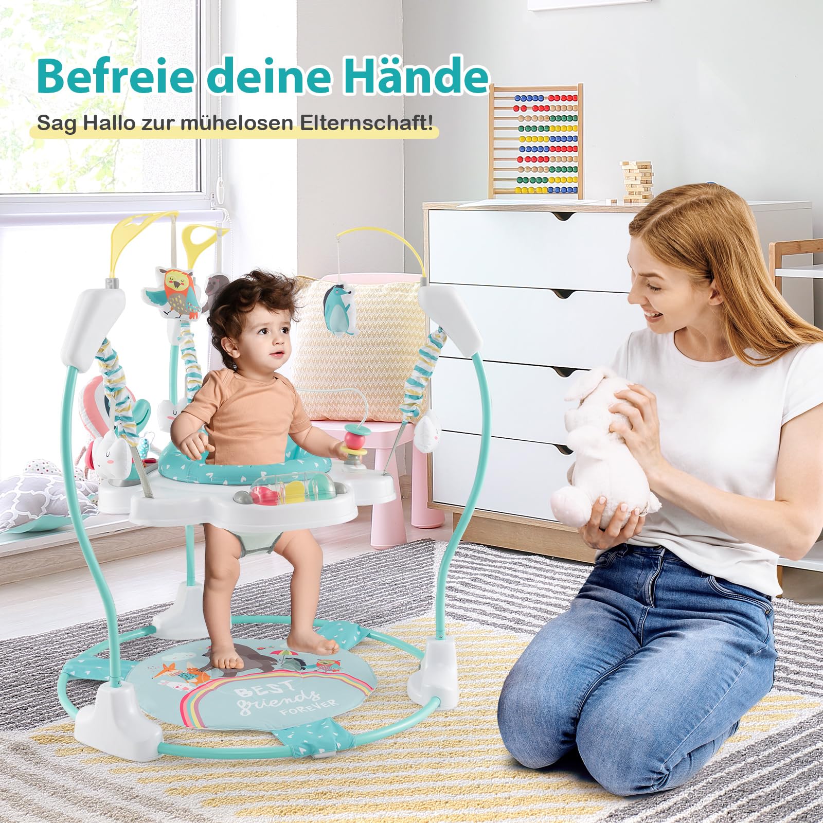 COSTWAY Baby Sky Jumperoo, Lauflernhilfe mit verstellbaren Höhen, Spielzeuge & Spieluhr, Hüpfstuhl mit 360° drehbarer Sitz, Aktivitätszentrum für Baby ab 6 Monaten, 12 kg Belastbar