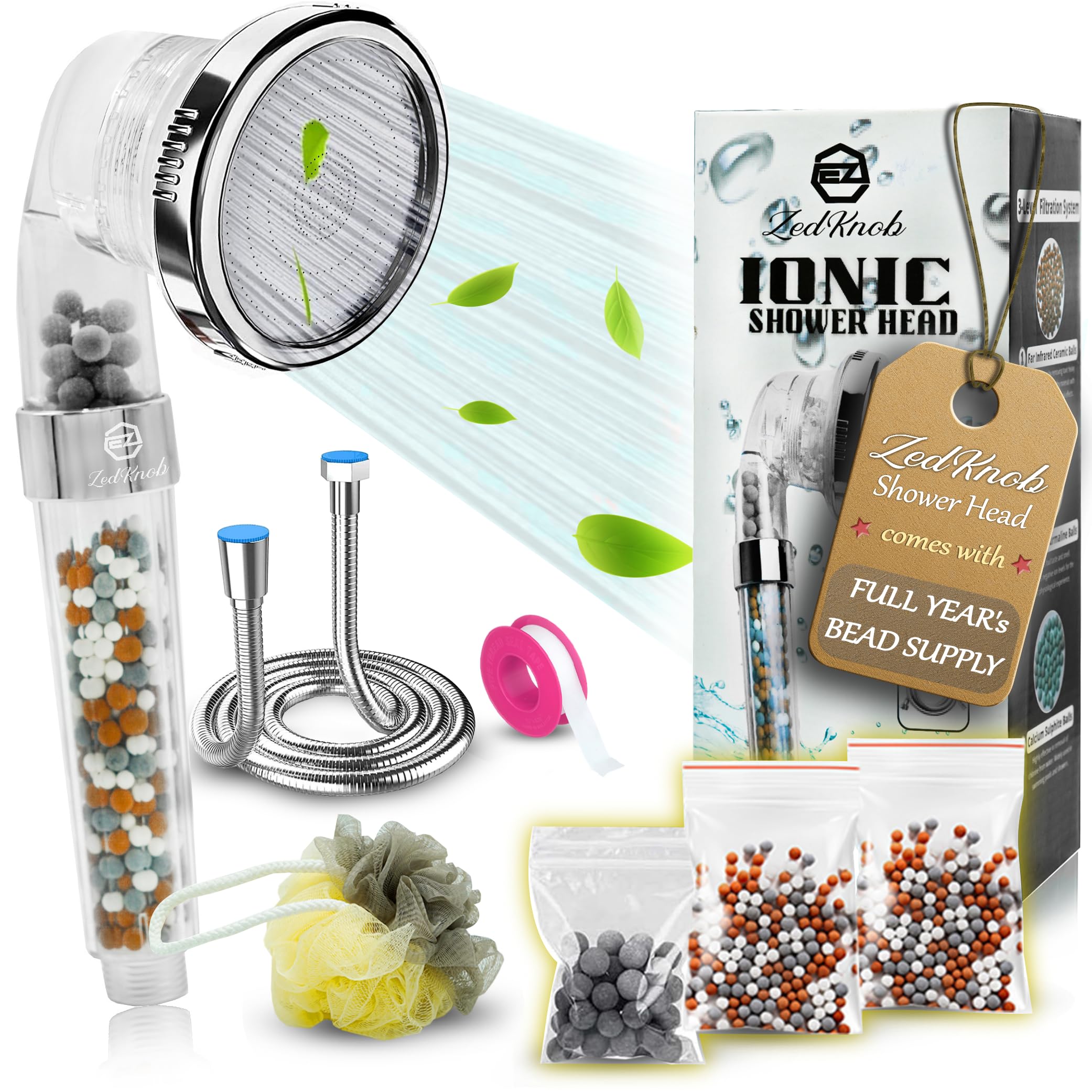 Shower Head and Hose Set 1.5m Power Shower Heads to Increase Pressure 3 Spray Modes Water Softener Shower Head Filter Hard Water UK Electric Shower Head Compatible with 3 Bead Bags and Loofah