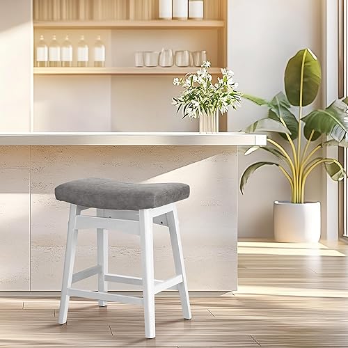 Miniatura 72 de ALPHA HOME Juego de 2 taburetes de bar, taburetes de cocina de madera maciza con cojín de piel sintética gris, taburetes de bar con base de madera