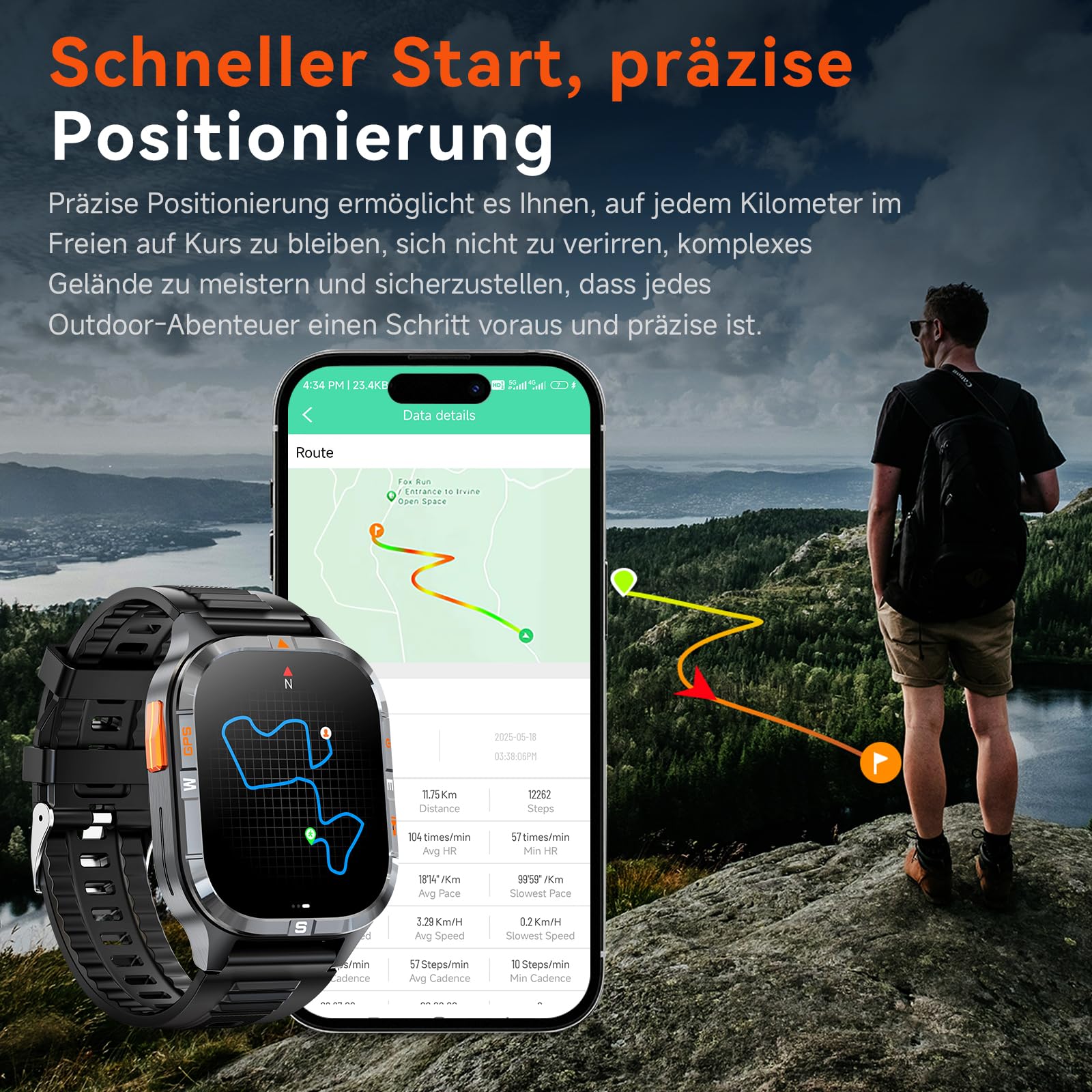 Smartwatch herren Militärische 2,01" HD, mit GPS/Bluetooth-Anruf/Kompass