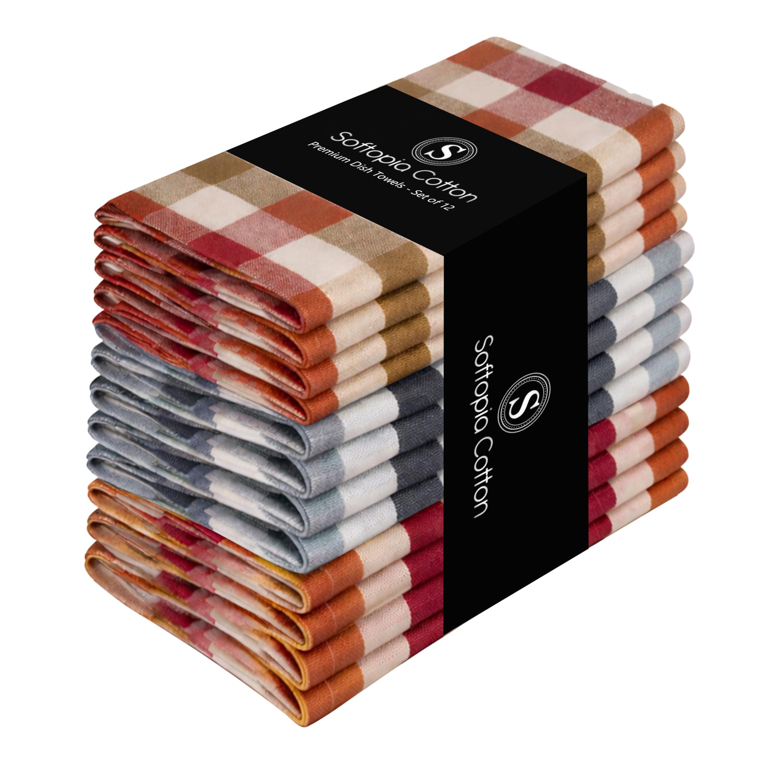 Multi Check Tea Towels 12 Pack Combo, 18"x26", Dish Towels for Kitchen Drying, Reusable Rags, Absorbent, Washable Cloths, Cleaning Towels for Dishes - Rust, Tan, Grey, Burgundy, Brown