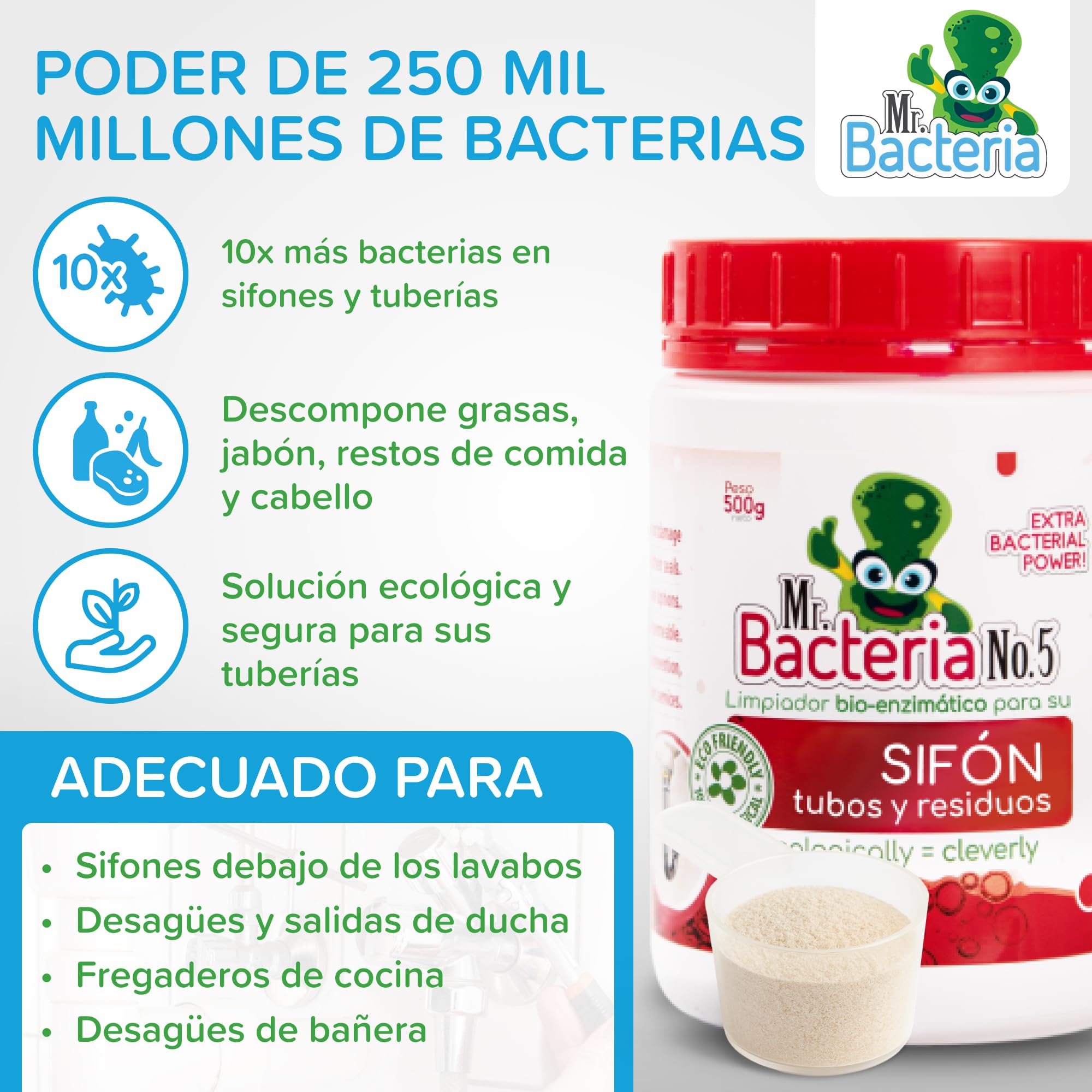 Mr. Bacteria No. 5. Limpiador de desagües y tuberías, para ducha, bañera, lavabo, sifón, sin cloro y sin olores, desatasca y Limpia Eficazmente Tuberías y Desagües Atascados 500g (1)