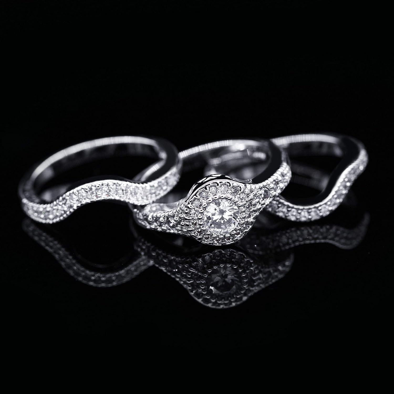 Uloveido Women's 3 Pcs White Gold Plated Round CZ Halo Wedding Stack Rings Set RA0346