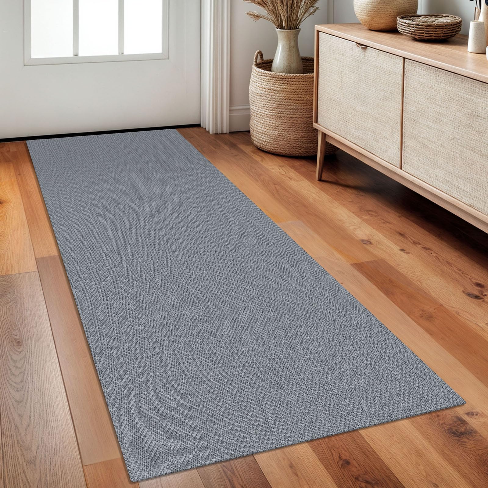Alfombra trenzada de 2 x 5 pies, lavable, para pasillos y cocina, con respaldo de goma, de algodón, para entrada, interior, alfombra tejida para pasillo, cocina, dormitorio, color gris sólido
